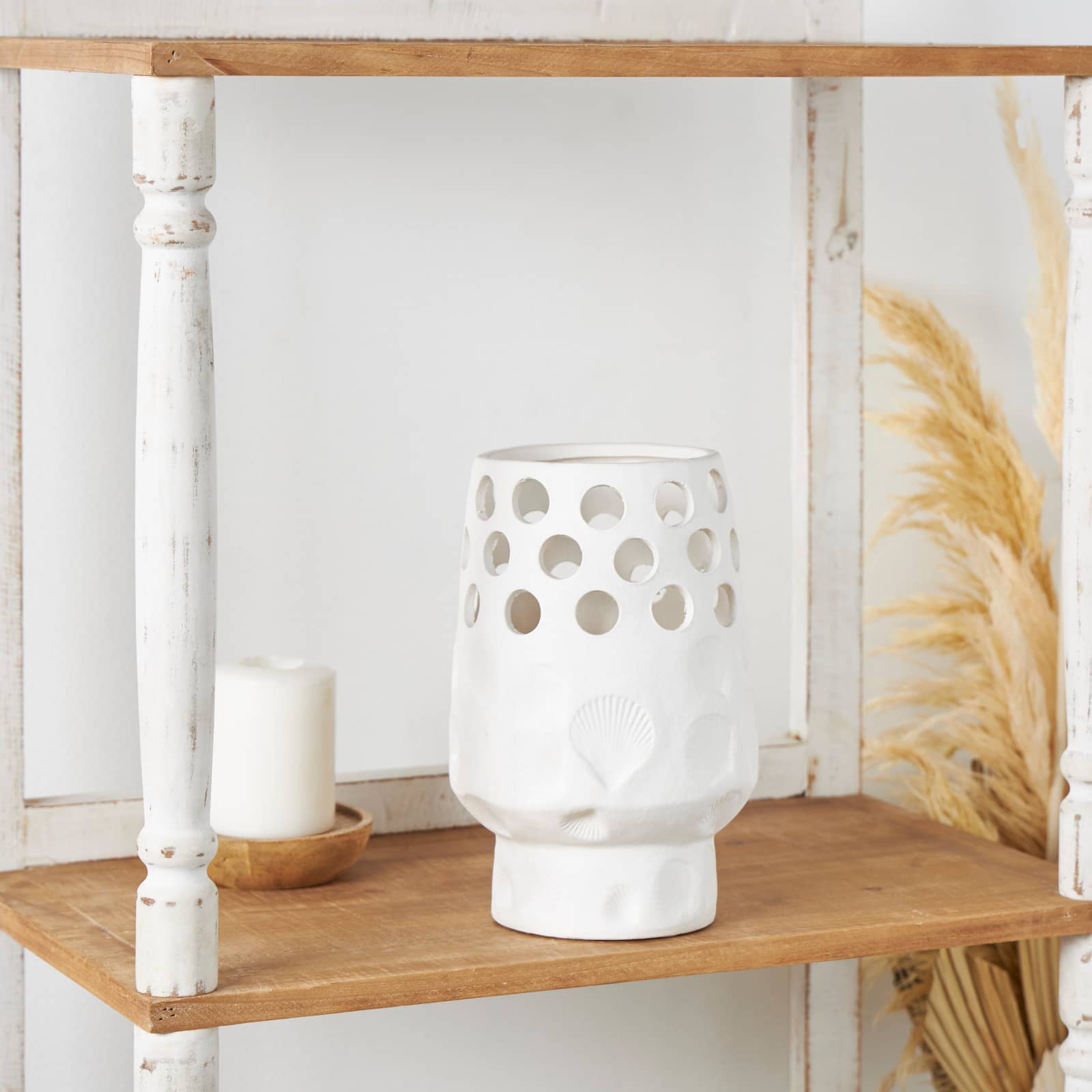 10" White Ceramic Shell Vase with Circular Cutouts