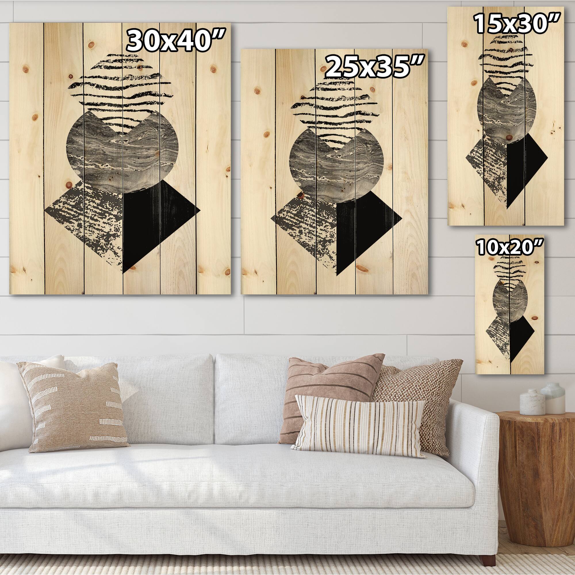 Designart - Tropical Palm Leaf With Abstract Geometry Shapes I - Modern Print on Natural Pine Wood