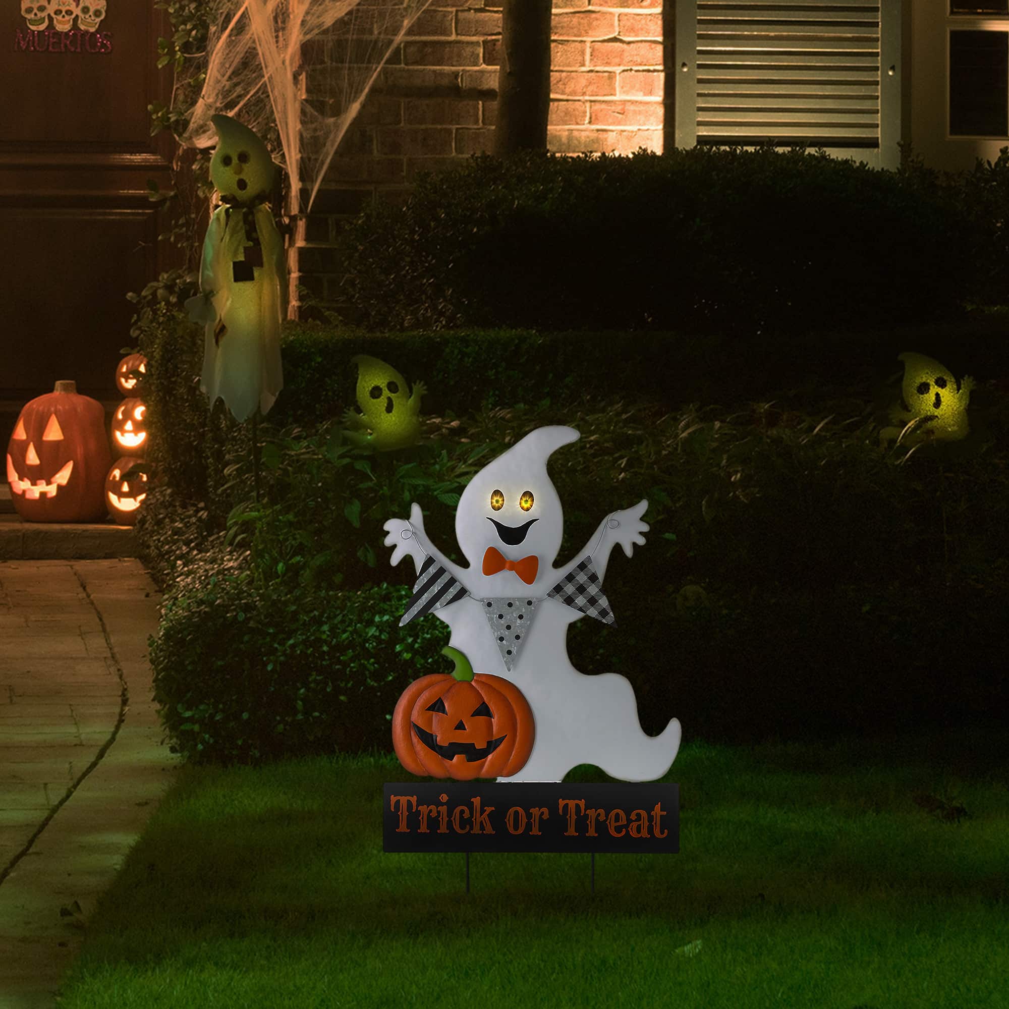 Glitzhome® 32" Lighted Metal Halloween Ghost Yard Stake with Timer