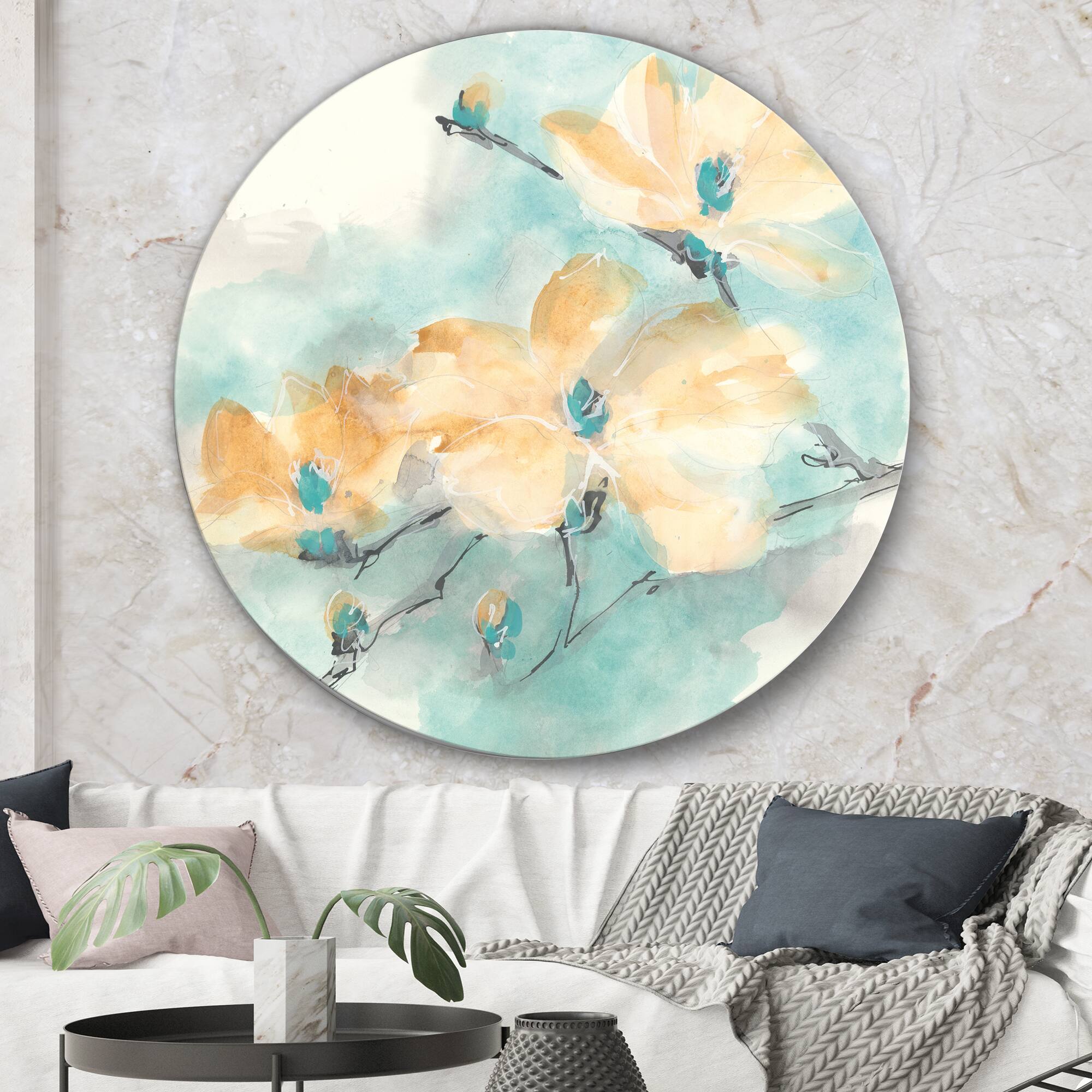 Designart - Teal Buds II - Traditional Metal Circle Wall Art