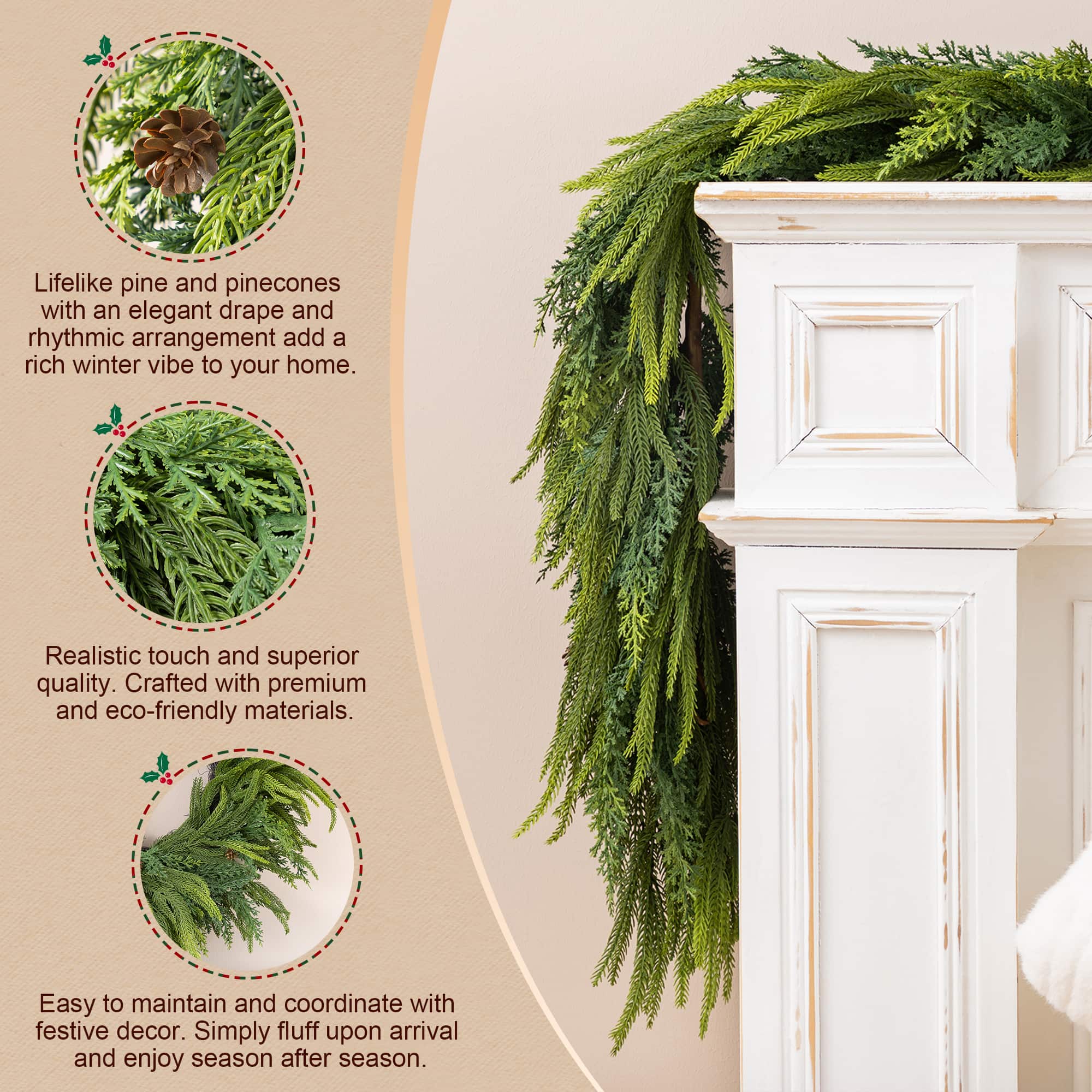 Glitzhome® 9ft. Christmas Full Greenery Mixed PE Dripping Garland with Pinecones, Set of 2