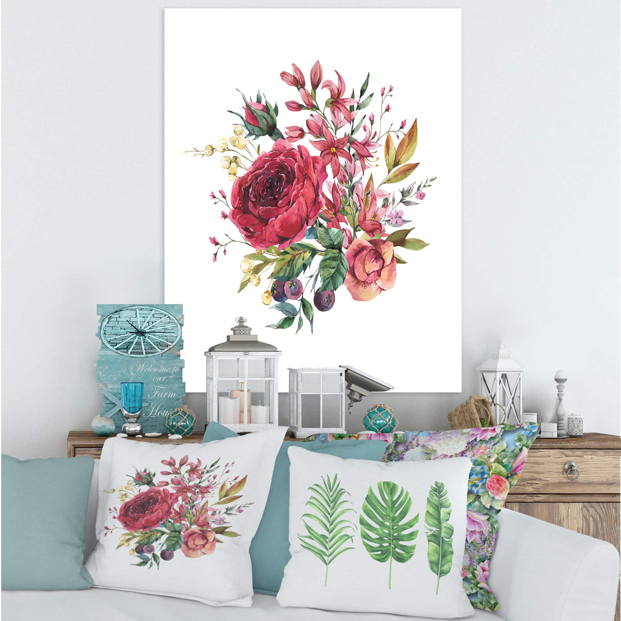 Designart - Vintage Burgundy Rose and Wildflowers - Farmhouse Canvas Wall Art Print