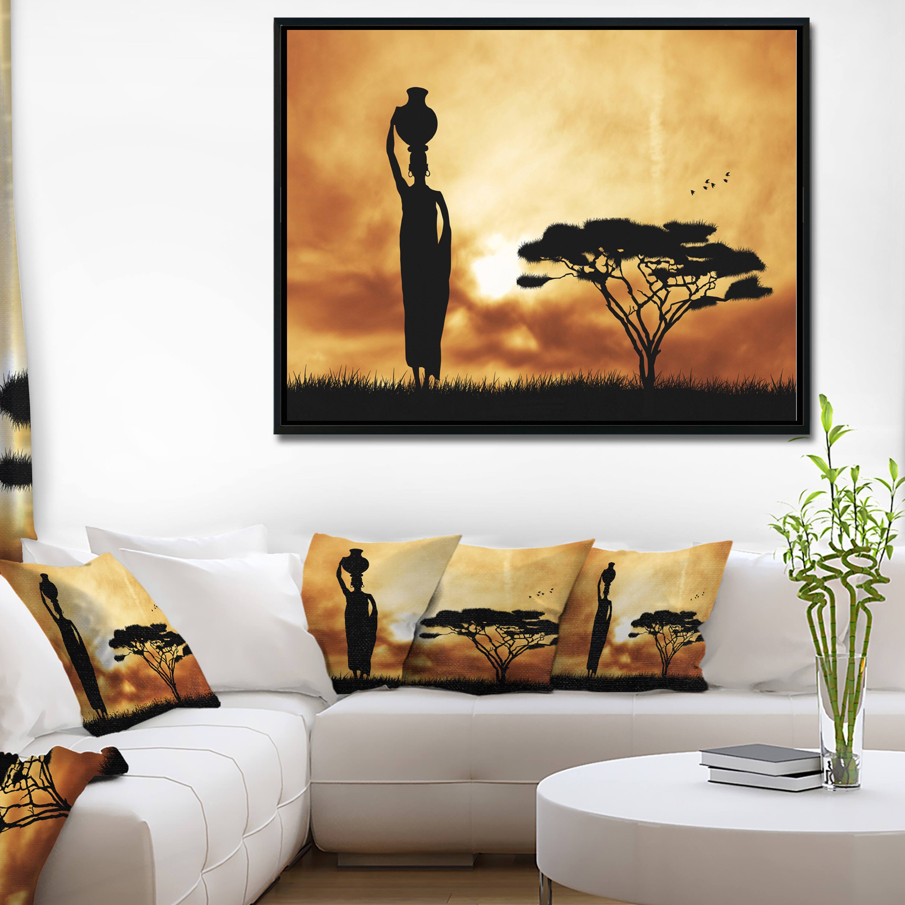 Designart - African Woman and Lonely Tree - African Landscape Framed Canvas Art Print