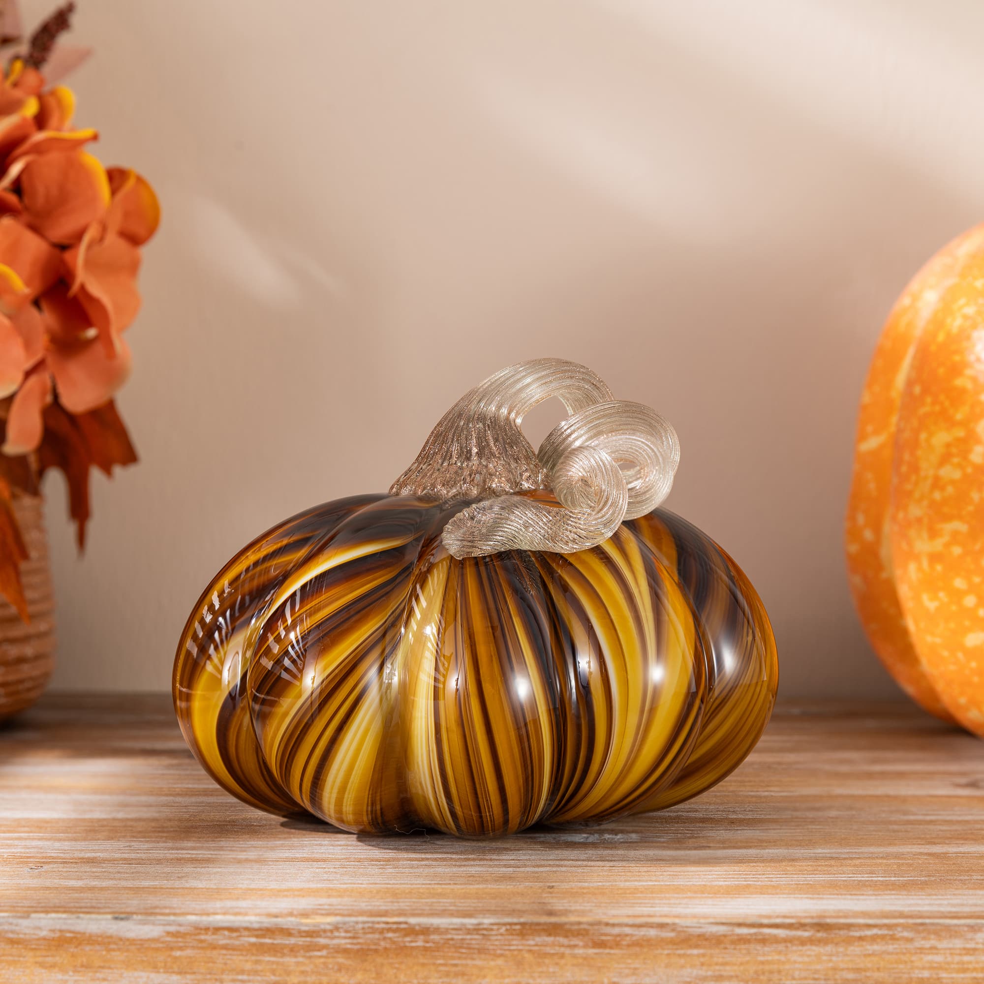 Glitzhome® 5.75" Multi Brown Striped Glass Pumpkin Fall Table Decor