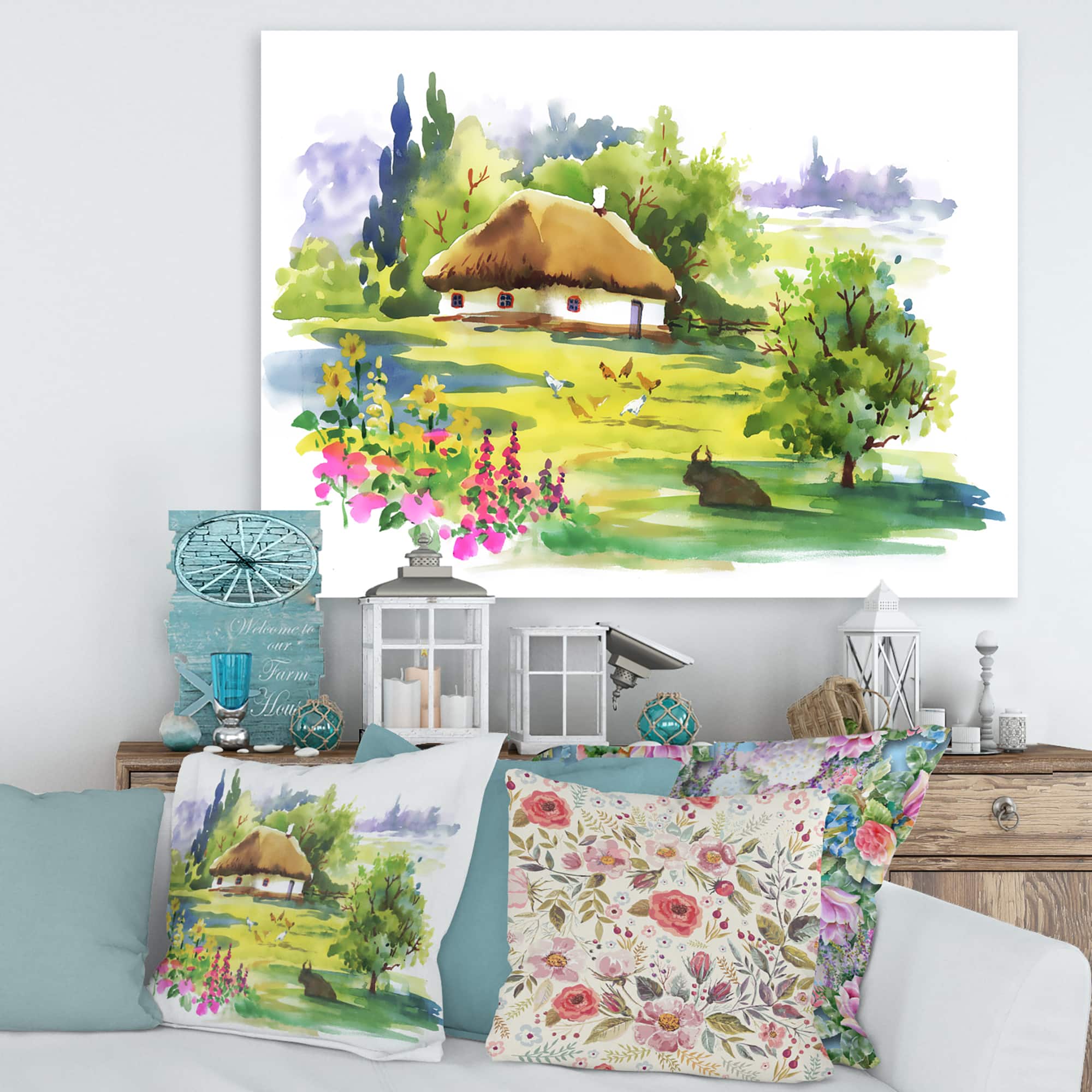 Designart - Rural House In Blossoming Greenlands - Traditional Canvas Wall Art Print