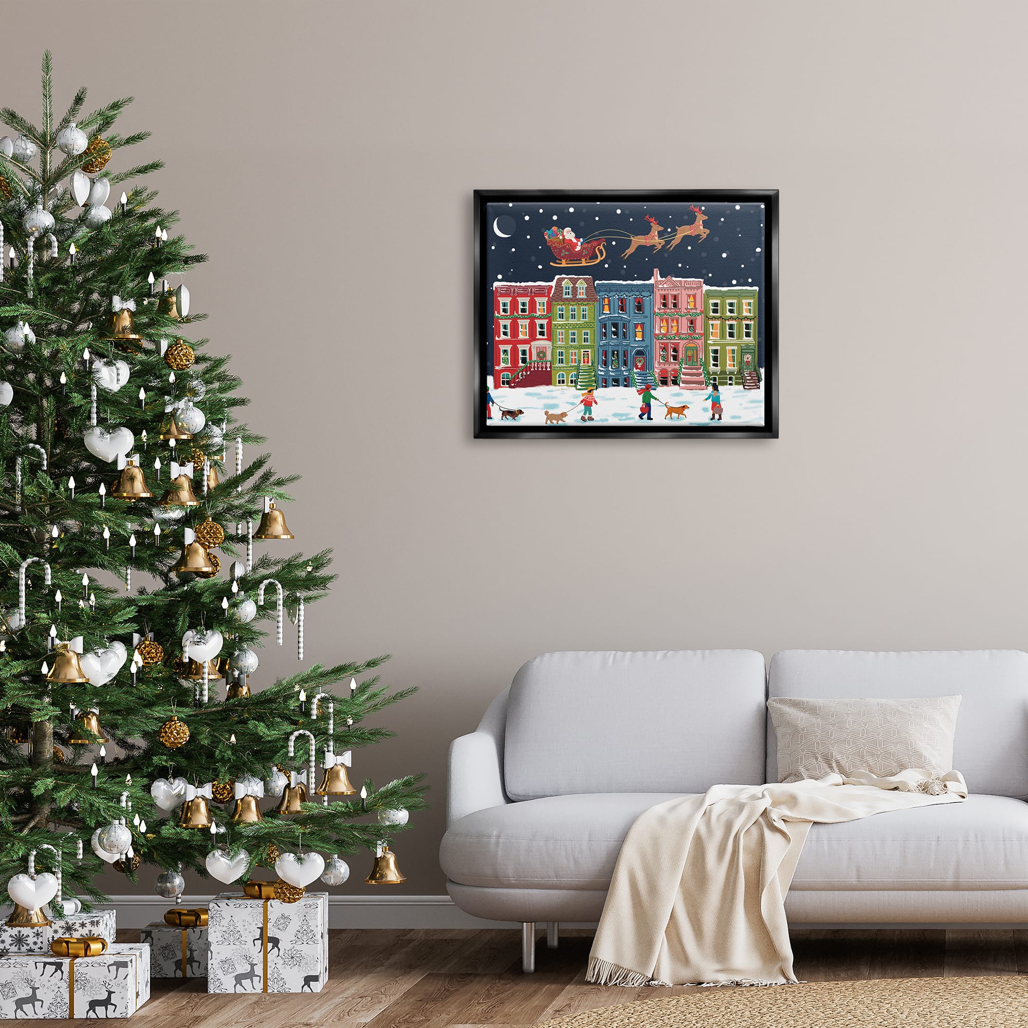 Stupell Industries Snowy Christmas Town Santa Overhead Framed Floater Canvas Wall Art