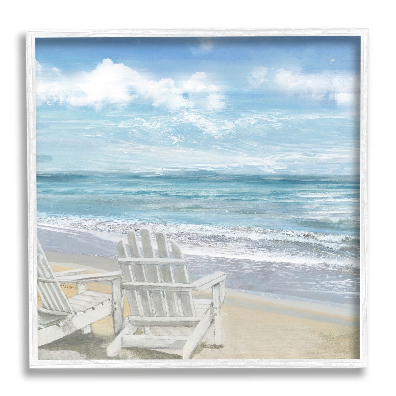 Stupell Industries White Adirondack Chairs on the Beach Painting Framed Wall Art