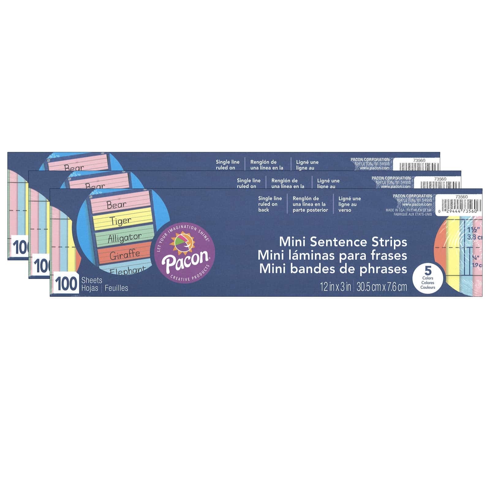 Pacon® Assorted Colors Mini Sentence Ruled Strips, 3 Packs of 100