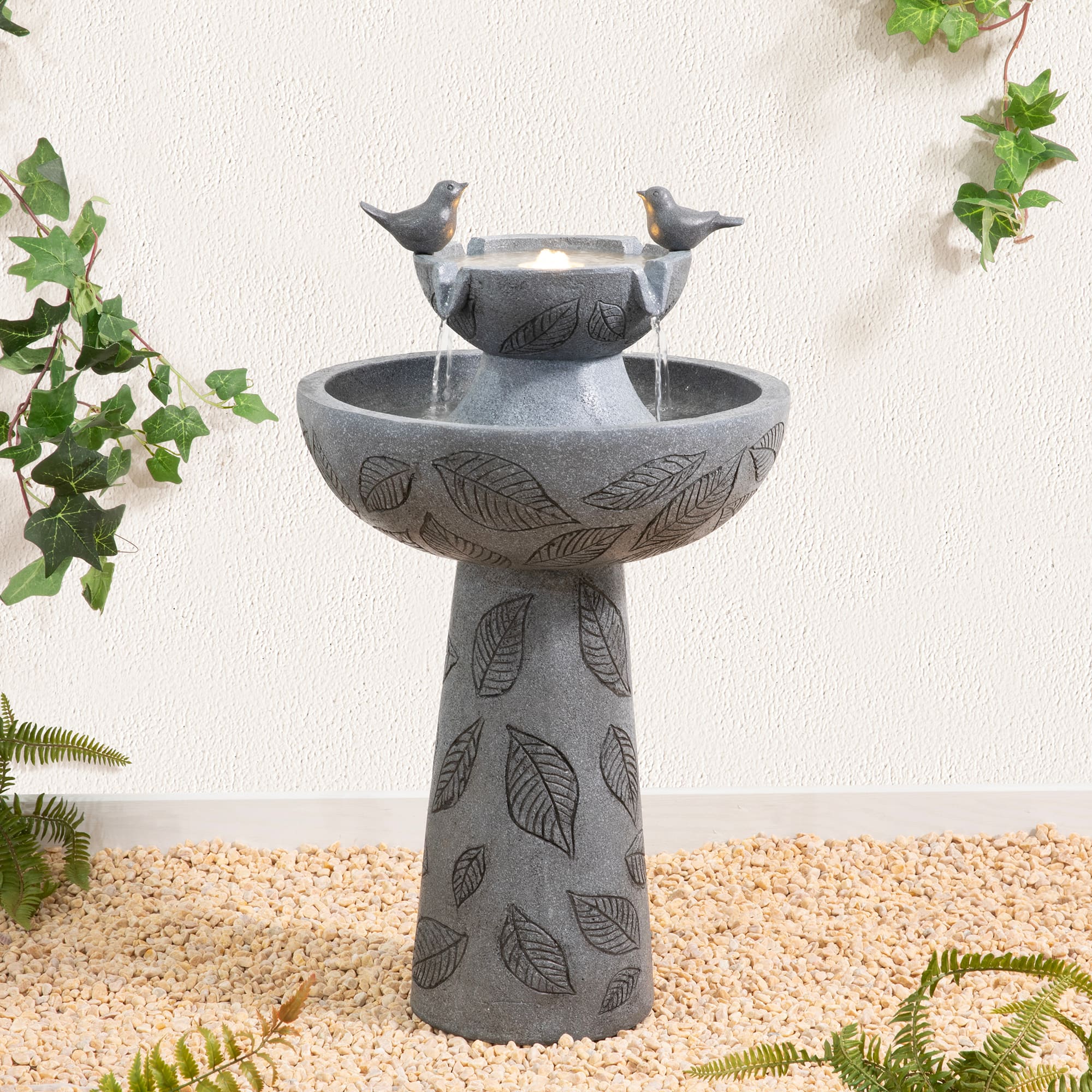 Glitzhome® 26" LED 2-Tier Birdbath Outdoor Fountain with Birds