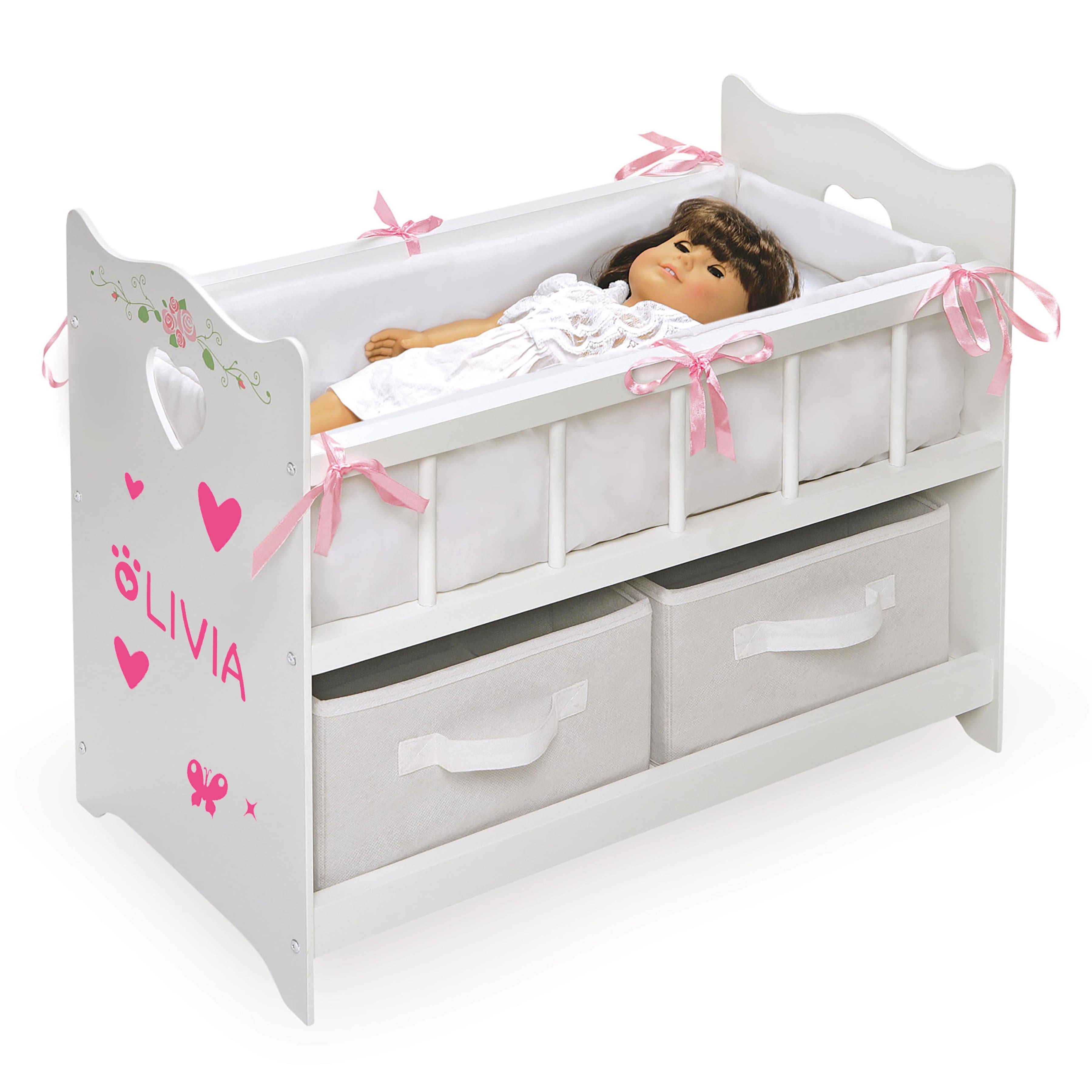 Badger Basket White Rose Doll Crib with Bedding & Two Baskets