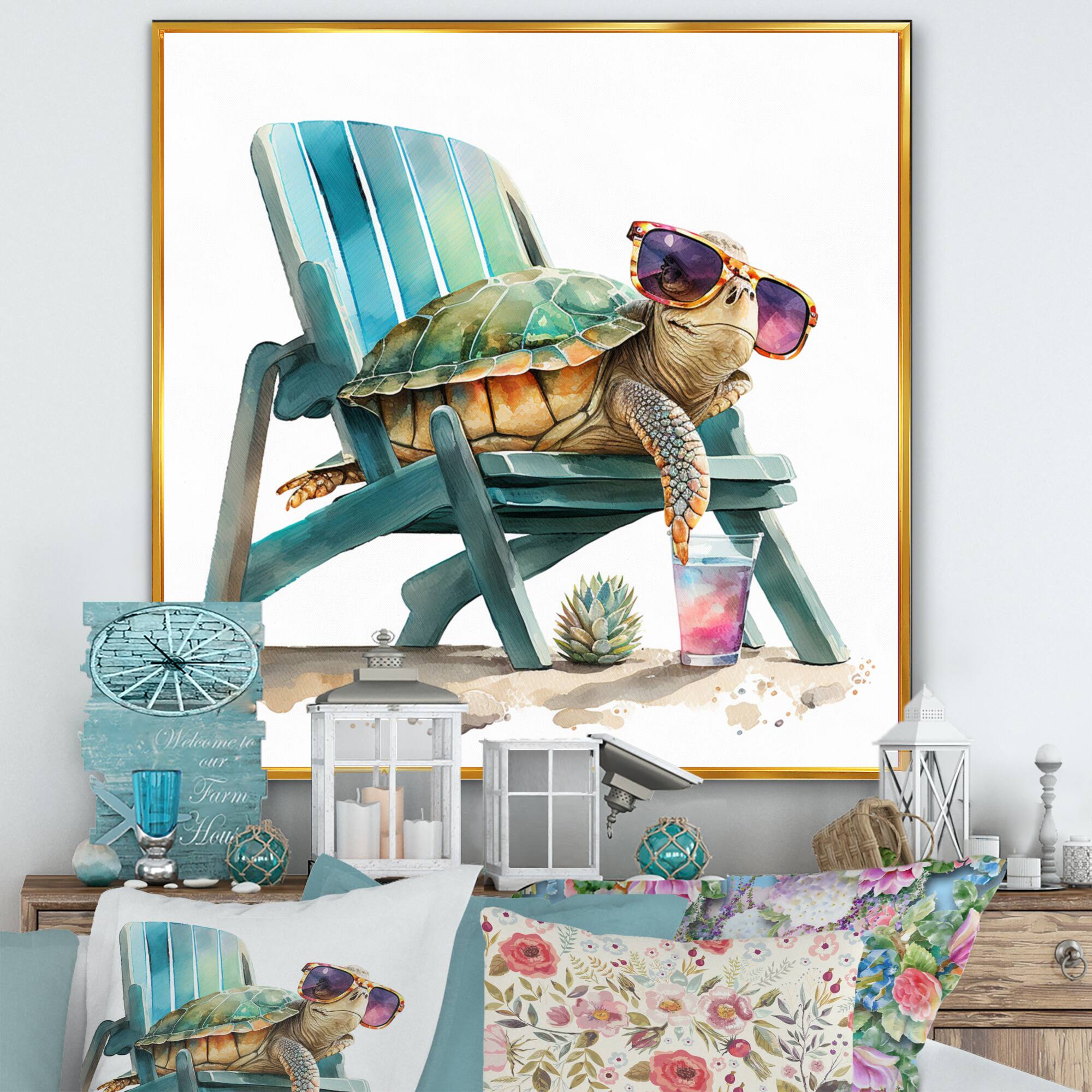 Designart 'Turtle Laying On A Beach Chair With Sunglasses I' Animals Framed Canvas Wall Art