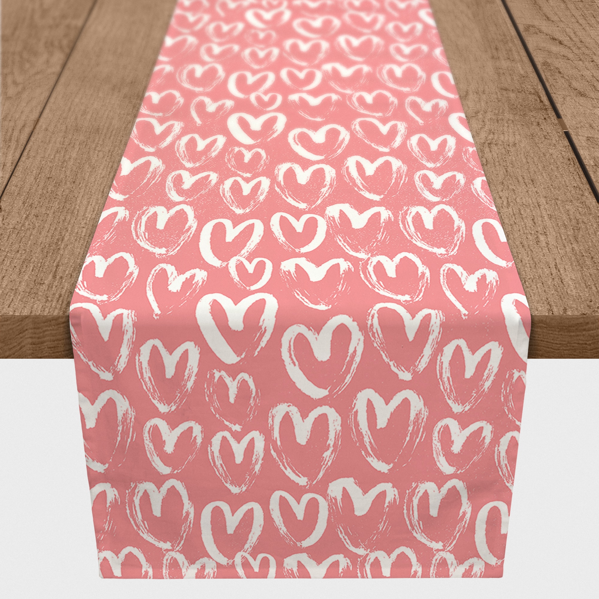 90" Pink & White Scribble Heart Pattern Poly Twill Table Runner