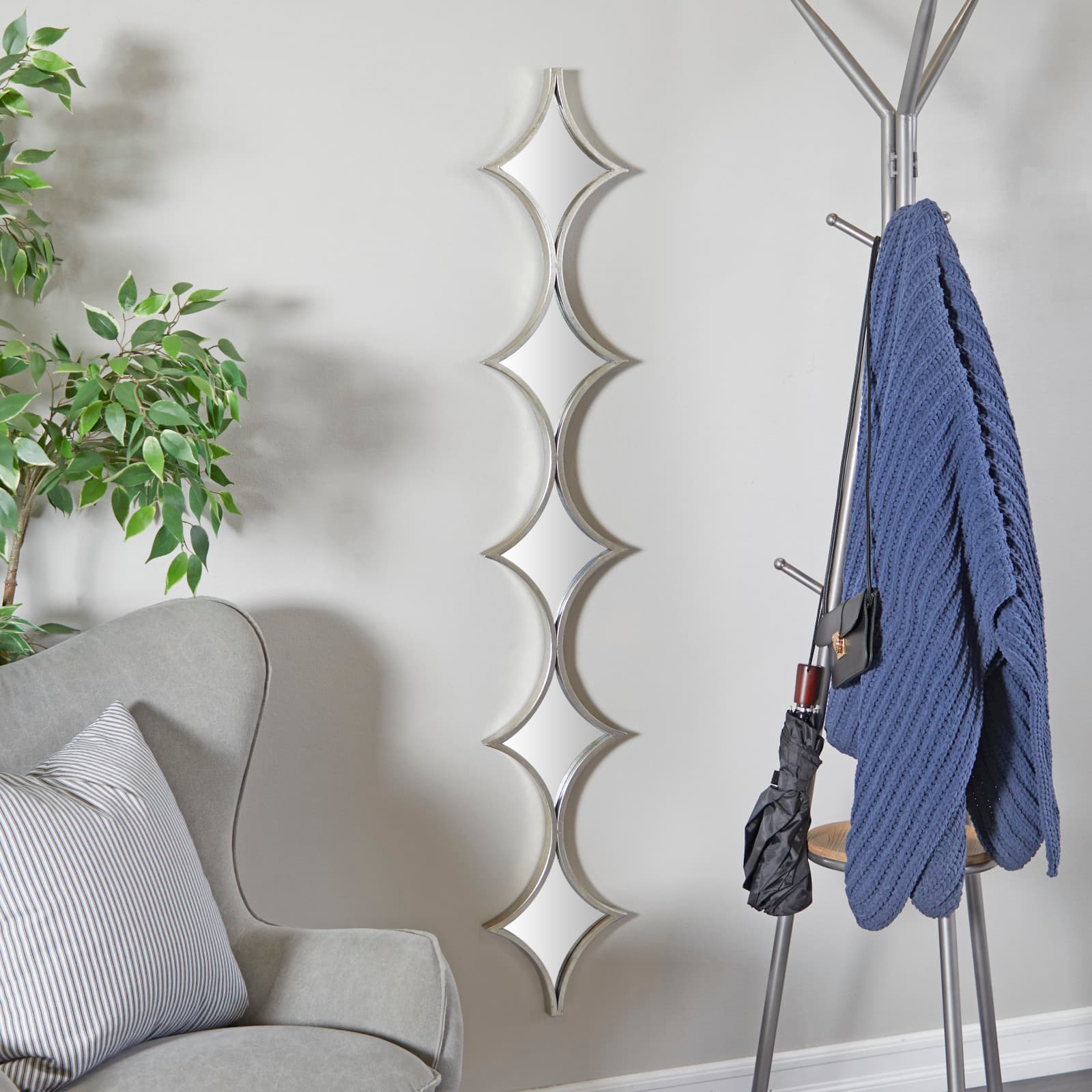Silver Metal Slim Stacked Chain 5 Layer Wall Mirror with Half Moon Pattern 8" x 1" x 59"