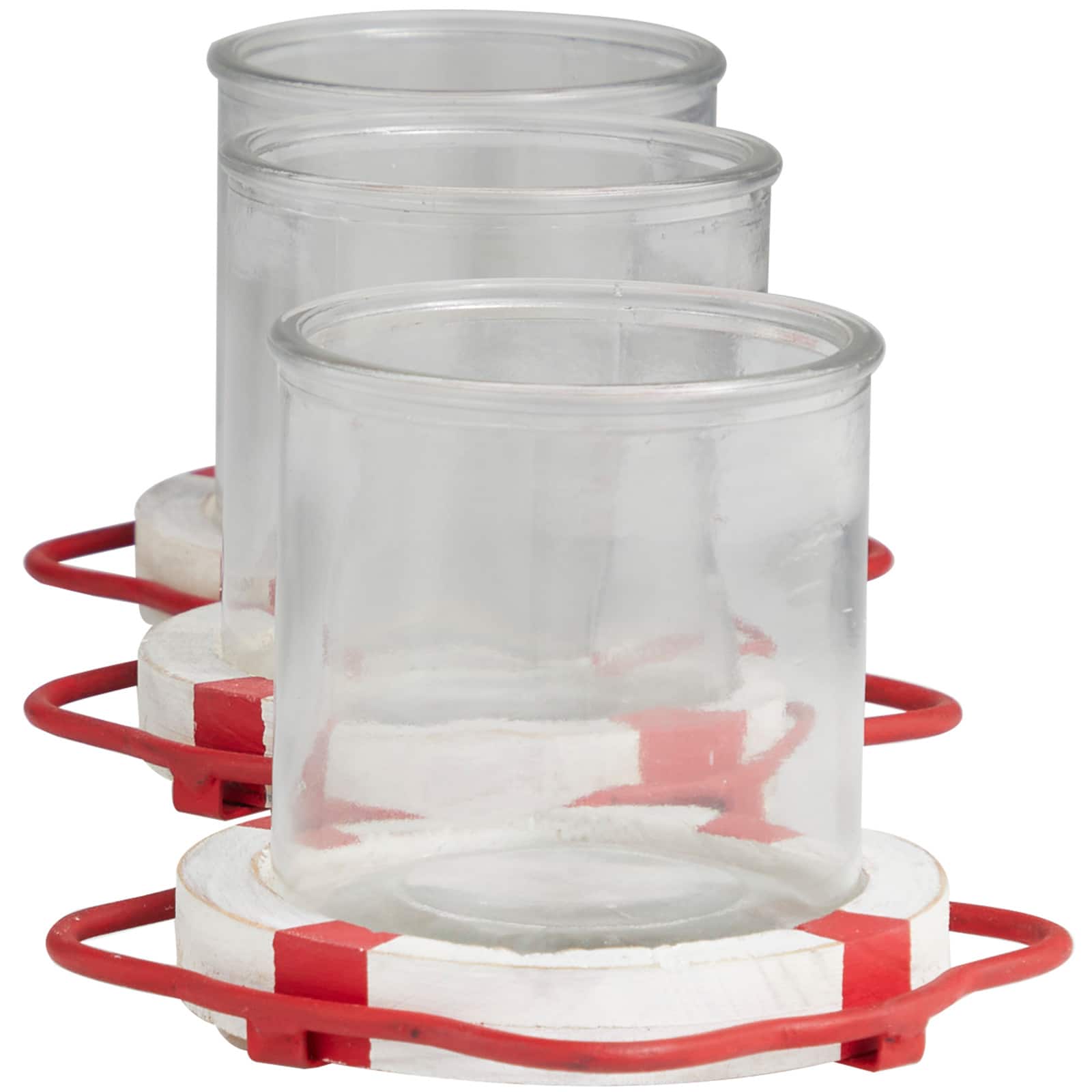 Red Metal Distressed 3-Linked Buoy Candle Holder with White Wood Accents