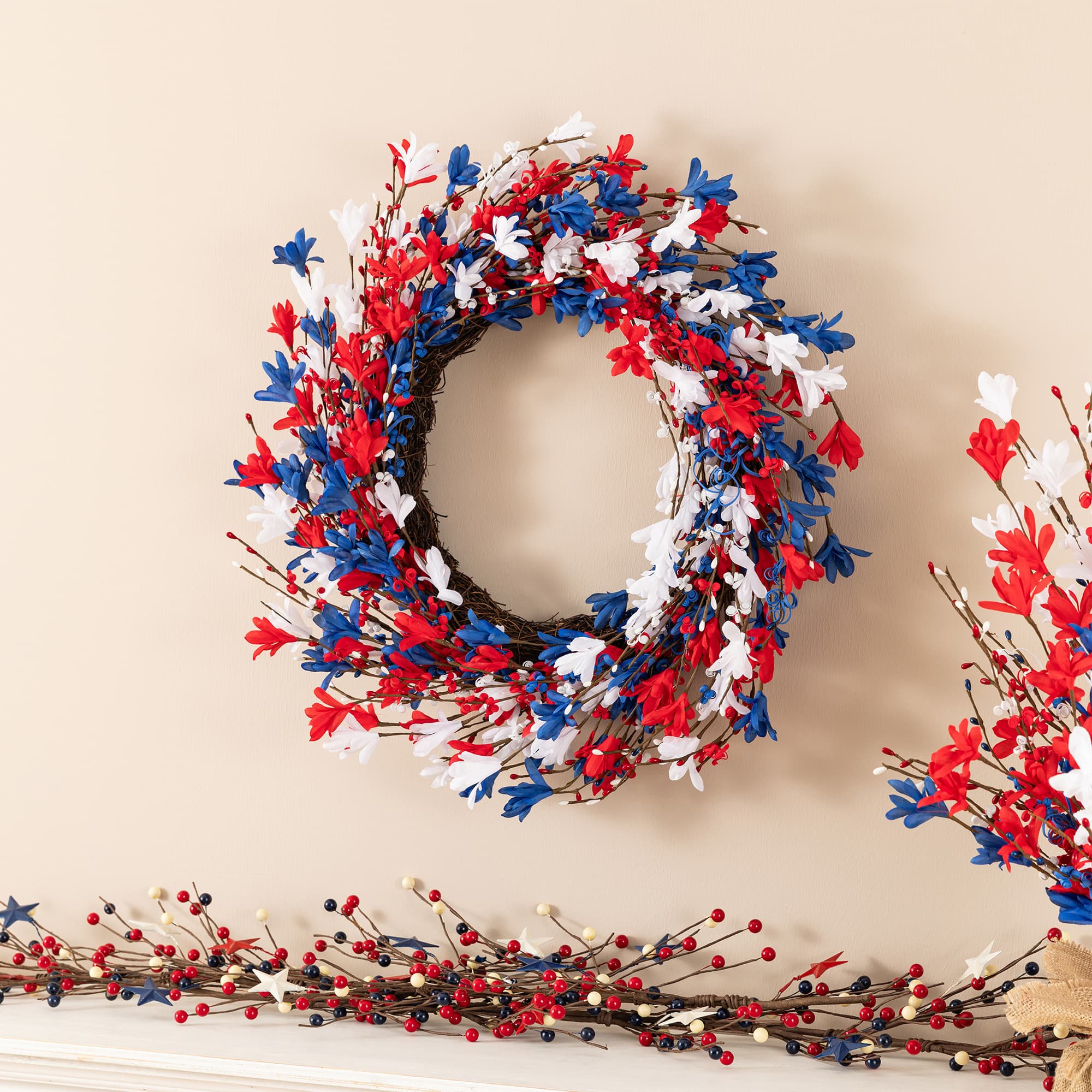 Glitzhome® 24" Patriotic Americana Red, White & Blue Floral Wreath