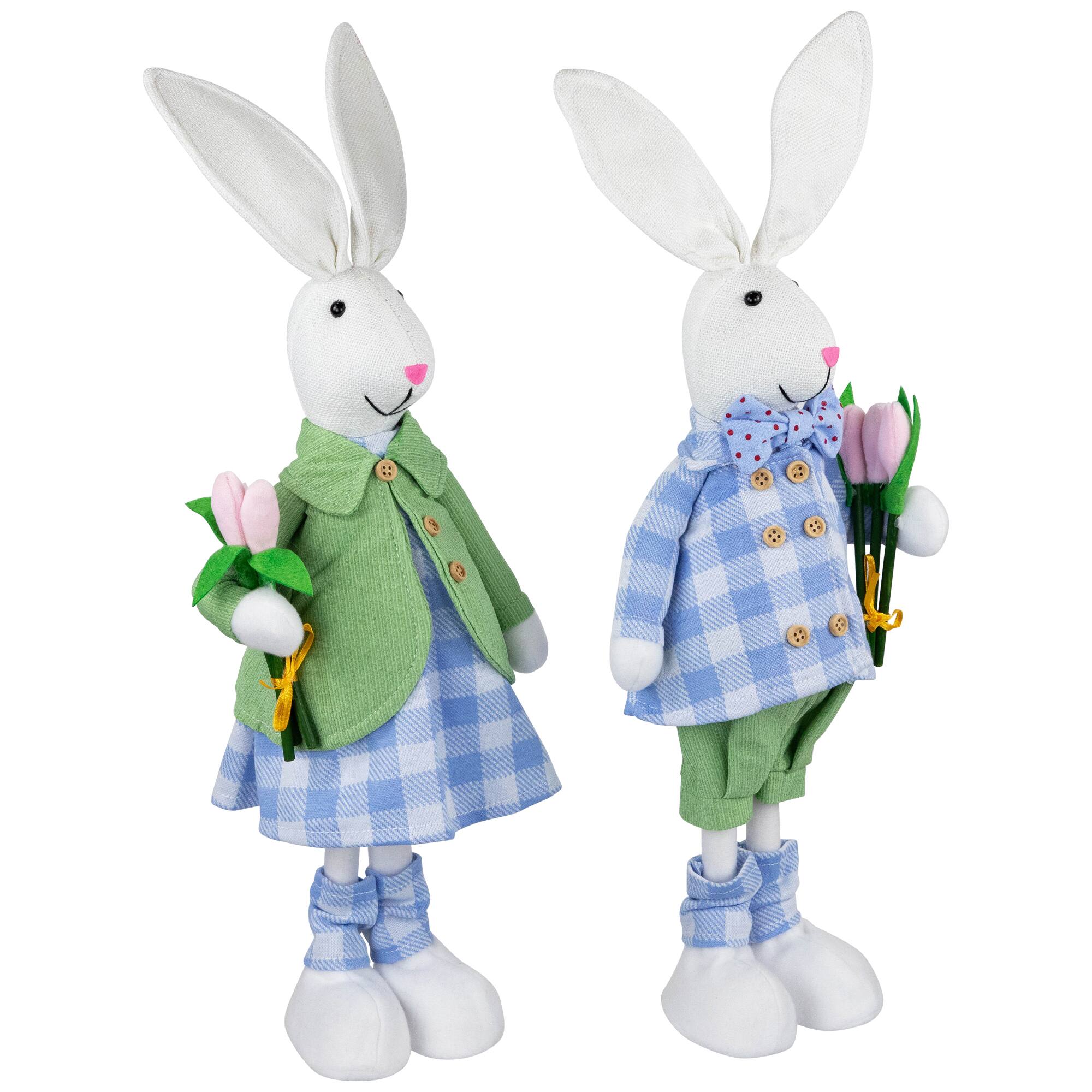 18.75" Bunny Couple in Matching Checkered Outfits Easter Figures Set