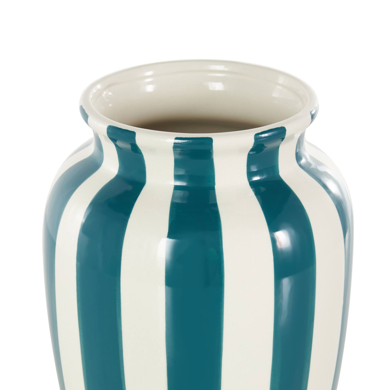 9.5" White & Teal Stripes Round Wide Ceramic Vase