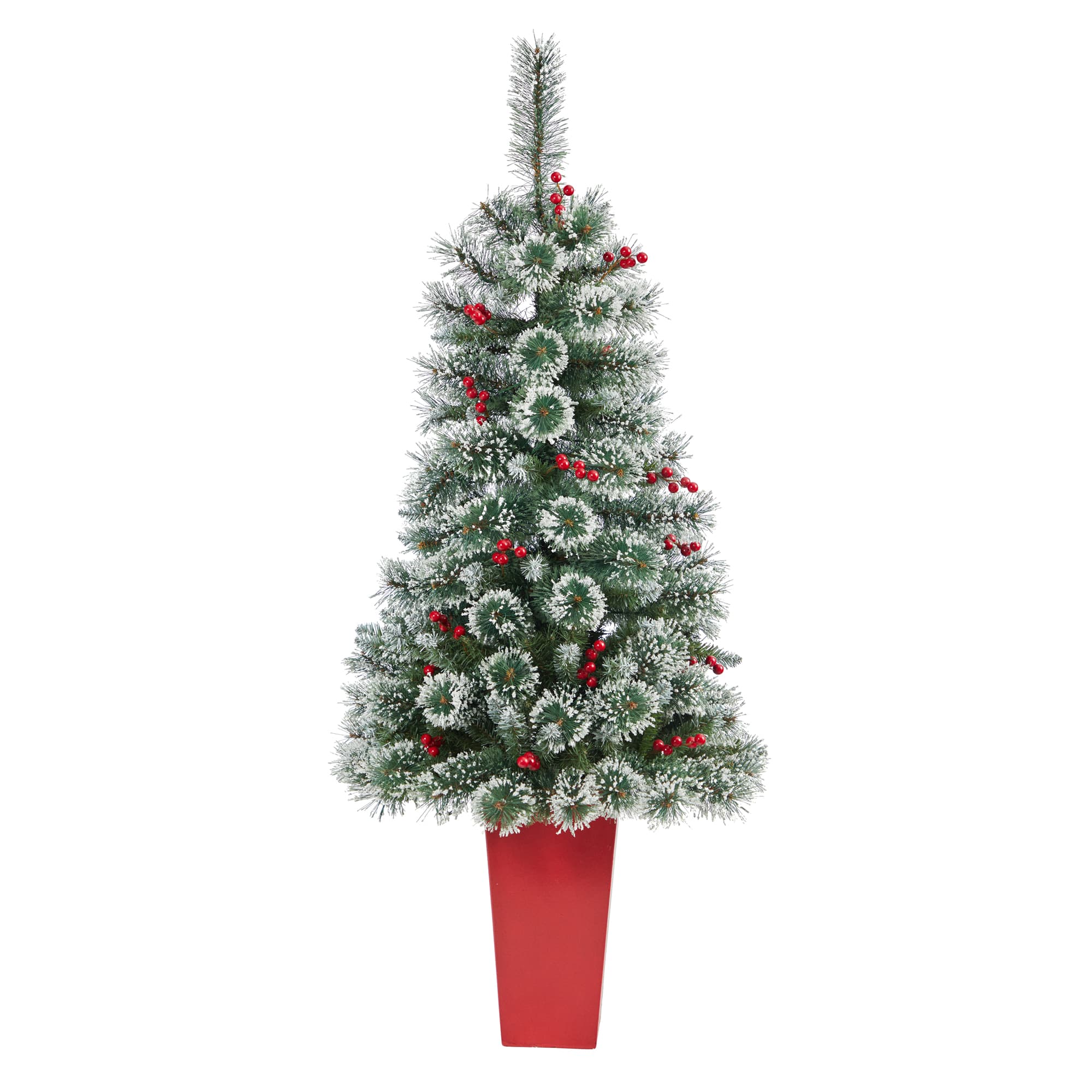 4ft. Pre-Lit Potted Frosted Swiss Pine Artificial Christmas Tree with Berries, Clear LED Lights