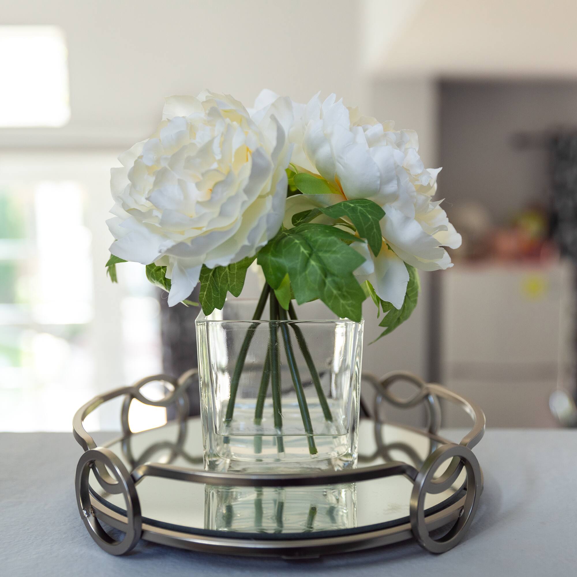 Flora Bunda® 9" Cream White Tall Silk Peony Arrangement In Glass Pot
