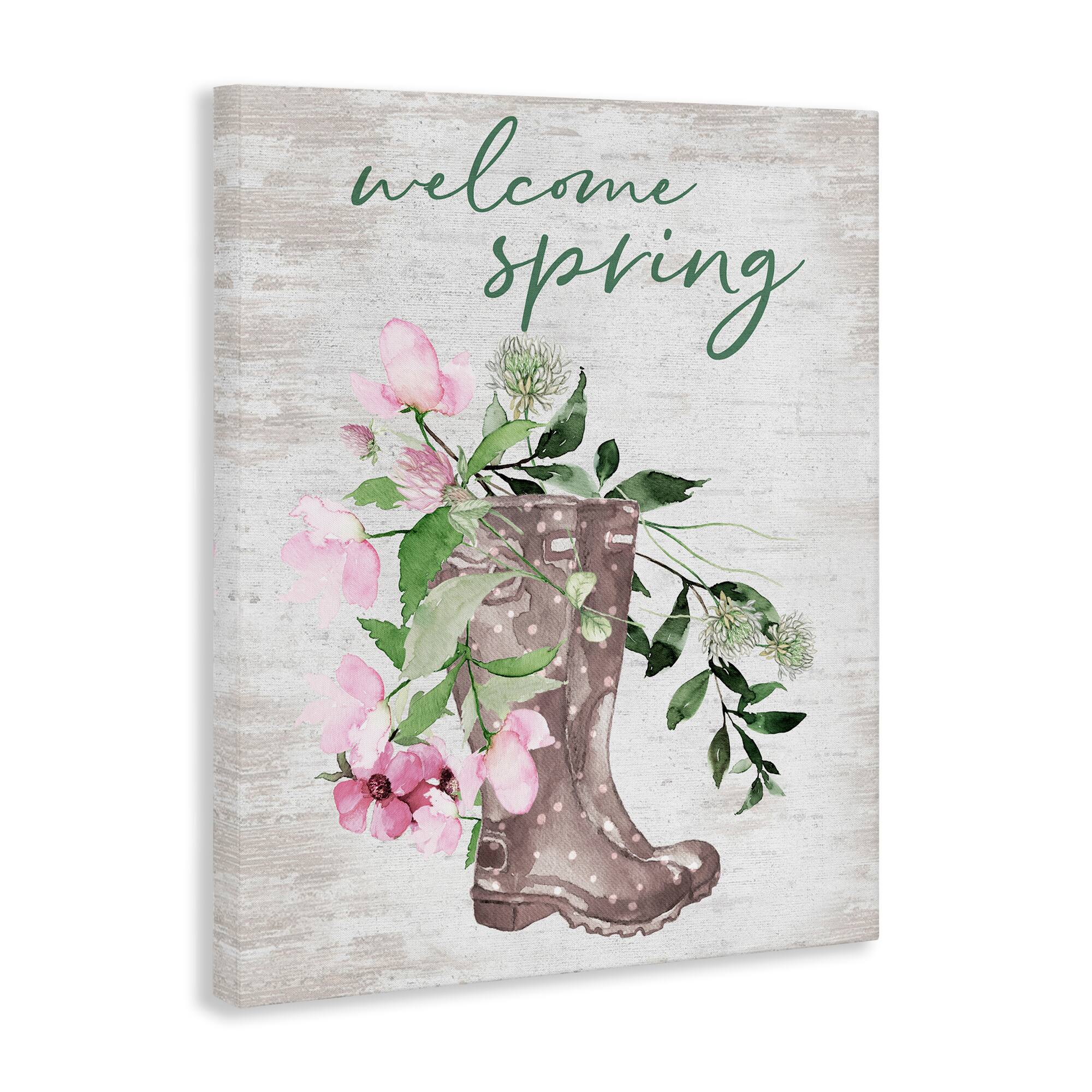 Stupell Industries Welcome Spring Seasonal Rain Boots Flower Arrangement Canvas Wall Art