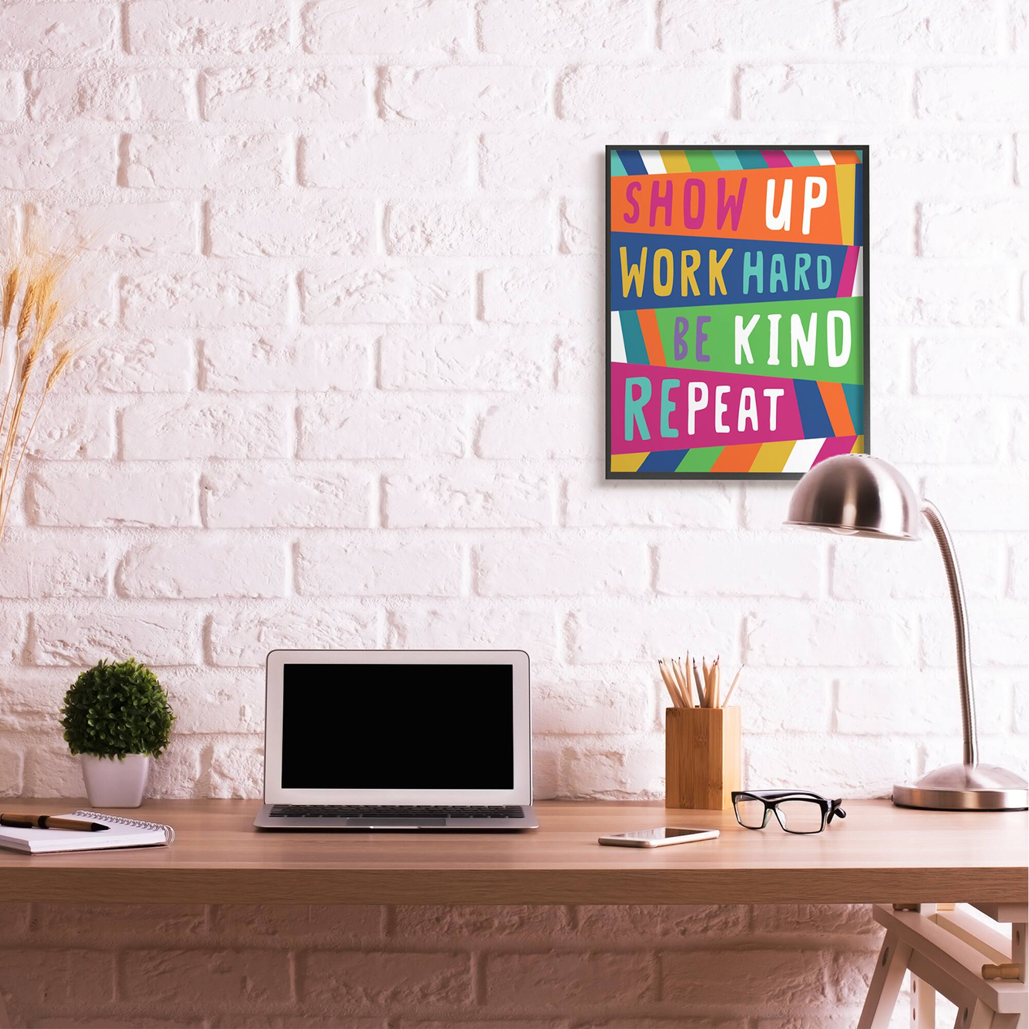 Stupell Industries Show Up Work Hard Phrase Pop Stripe Pattern in Black Frame Wall Art