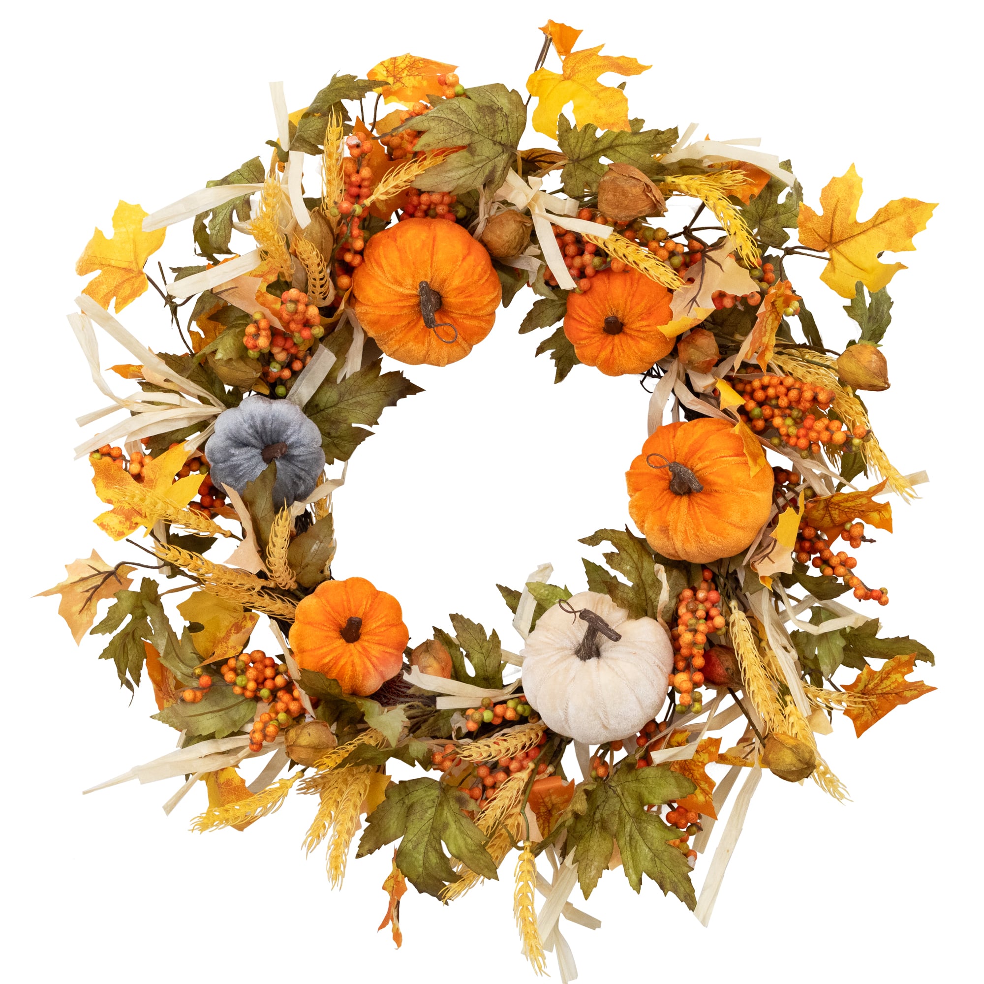 24" Velvet Pumpkins & Wheat Fall Harvest Wreath