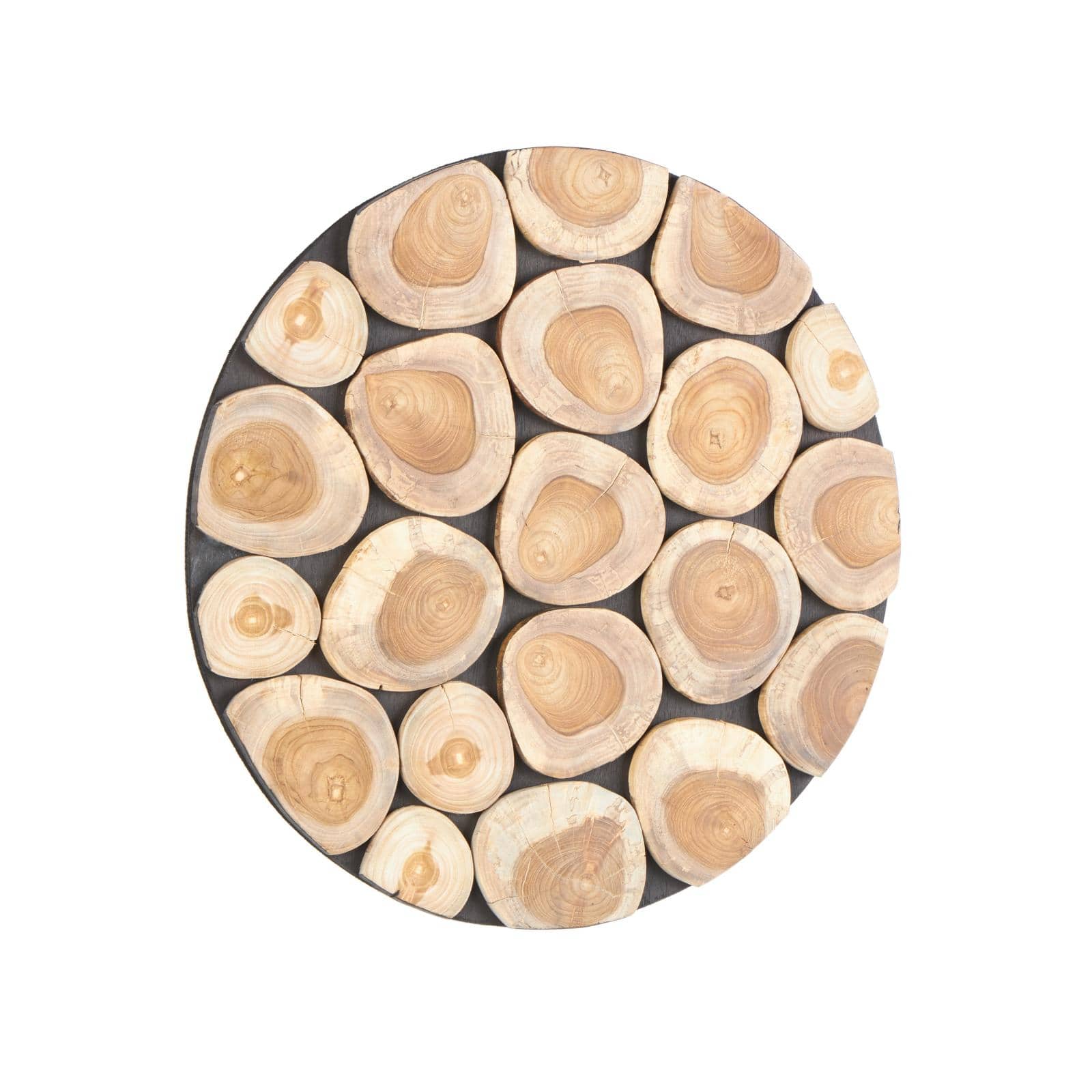 24" x 24" Brown Teak Wood Abstract Handmade Round Mosaic Inspired Wood Slab with Black Backing Wall Décor