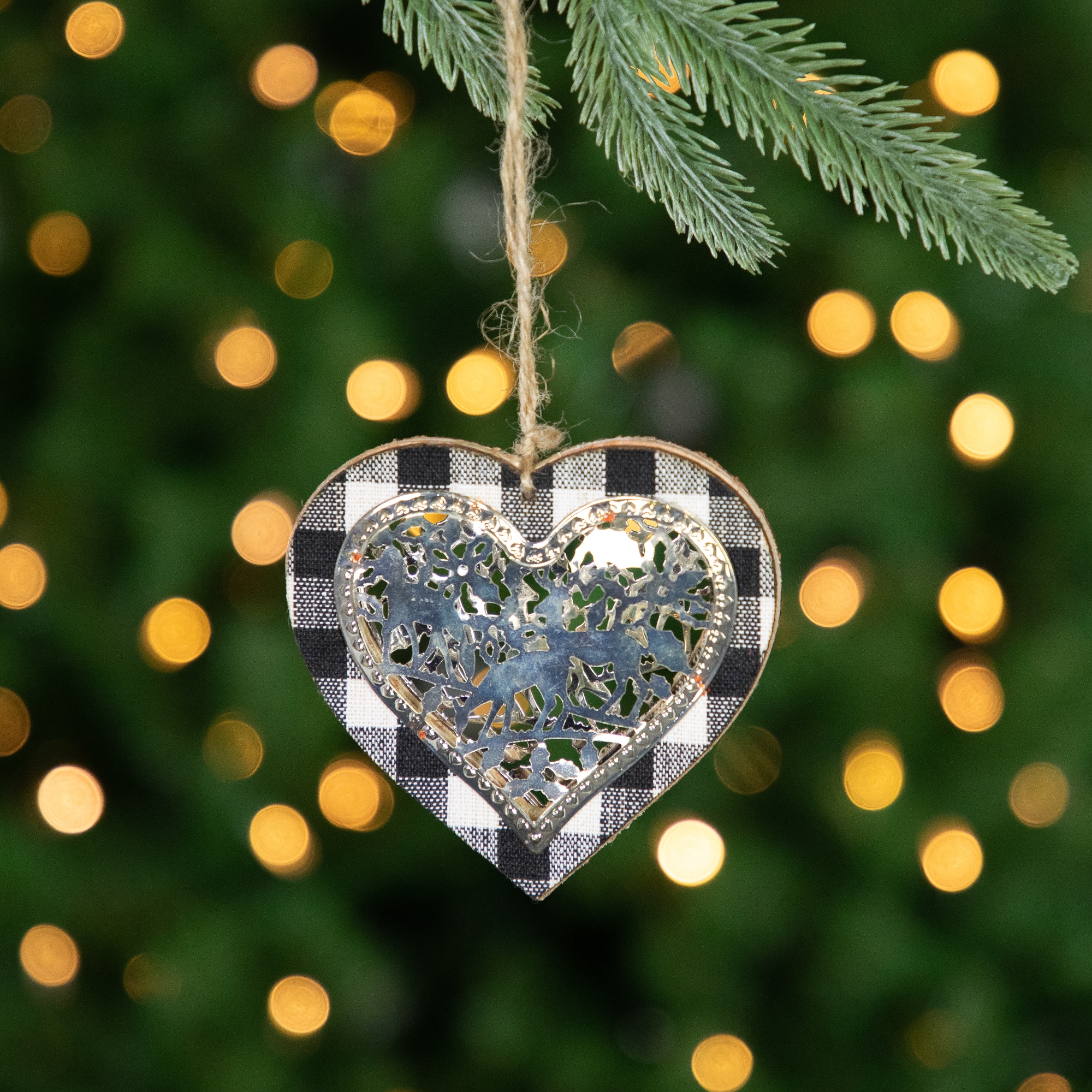 4.25" Black and White Buffalo Plaid Heart with Reindeer Christmas Ornament
