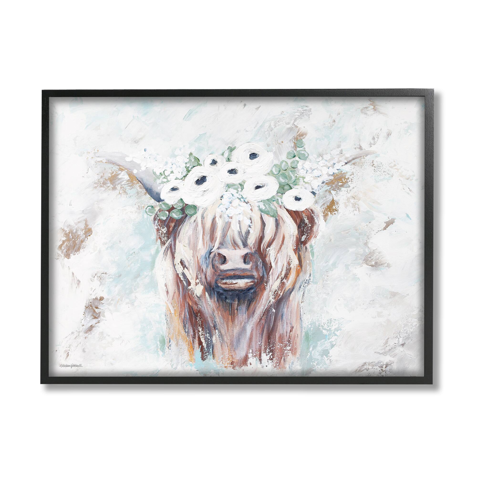 Stupell Industries Rustic Country Longhorn Cattle Flecked Flower Blossoms Framed Giclee Art