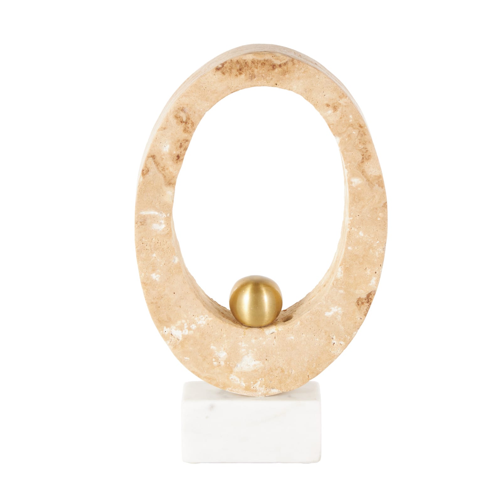 7" x 12" Cream Marble Abstract Oval Decorative Sculpture with Gold Ball and White Base