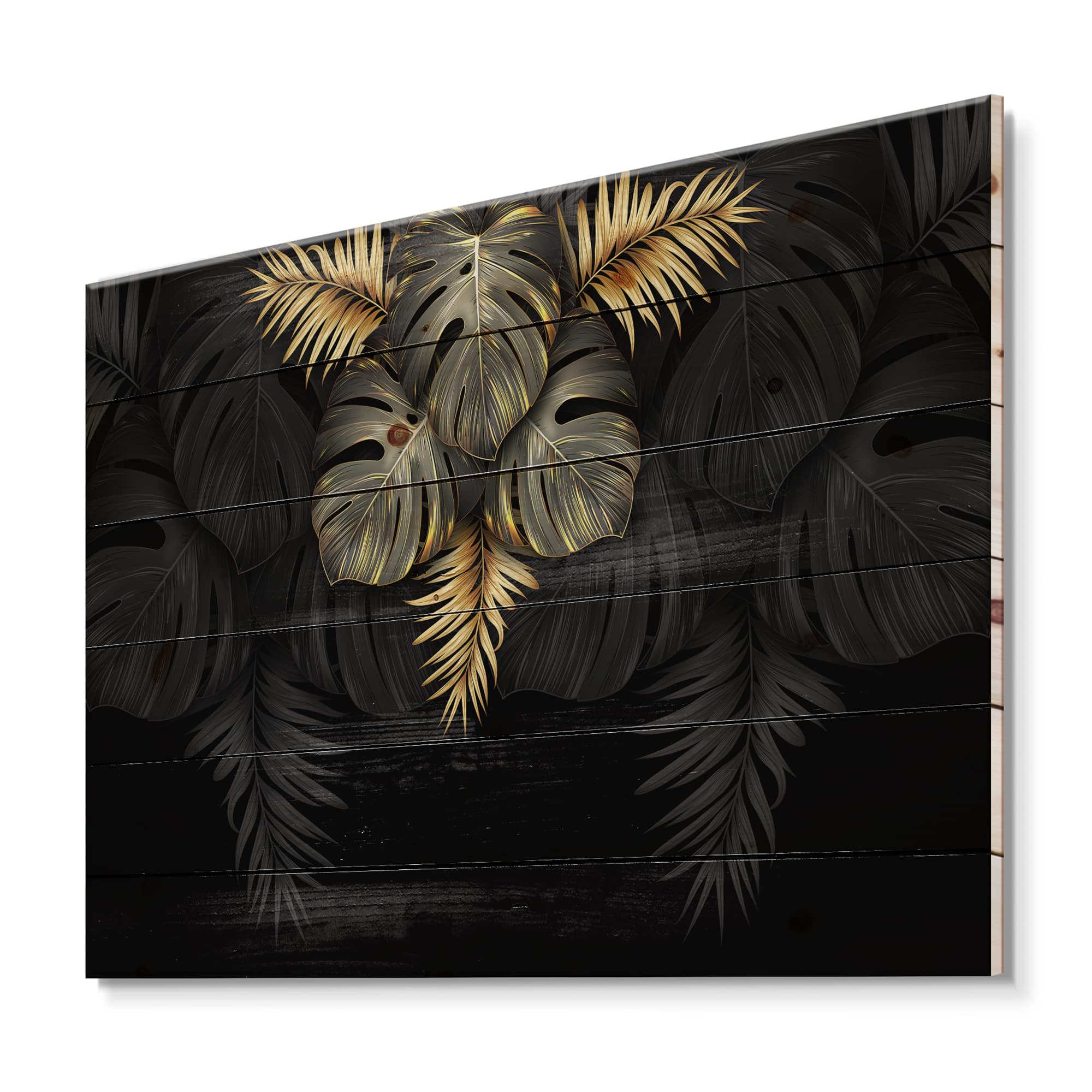 Designart - Black and Gold Tropical Leaves IV - Modern Print on Natural Pine Wood