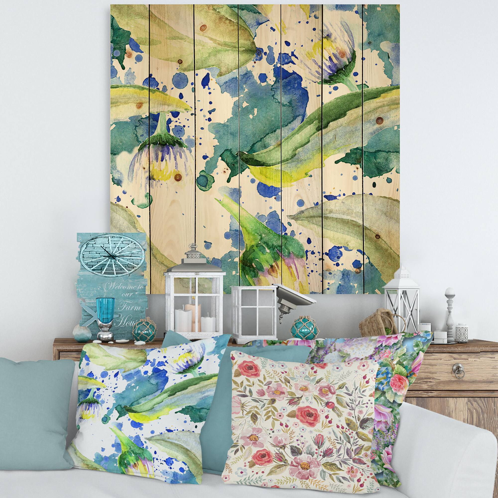 Designart - Daisy Flowers Aquarelle Impression I - Traditional Print on Natural Pine Wood