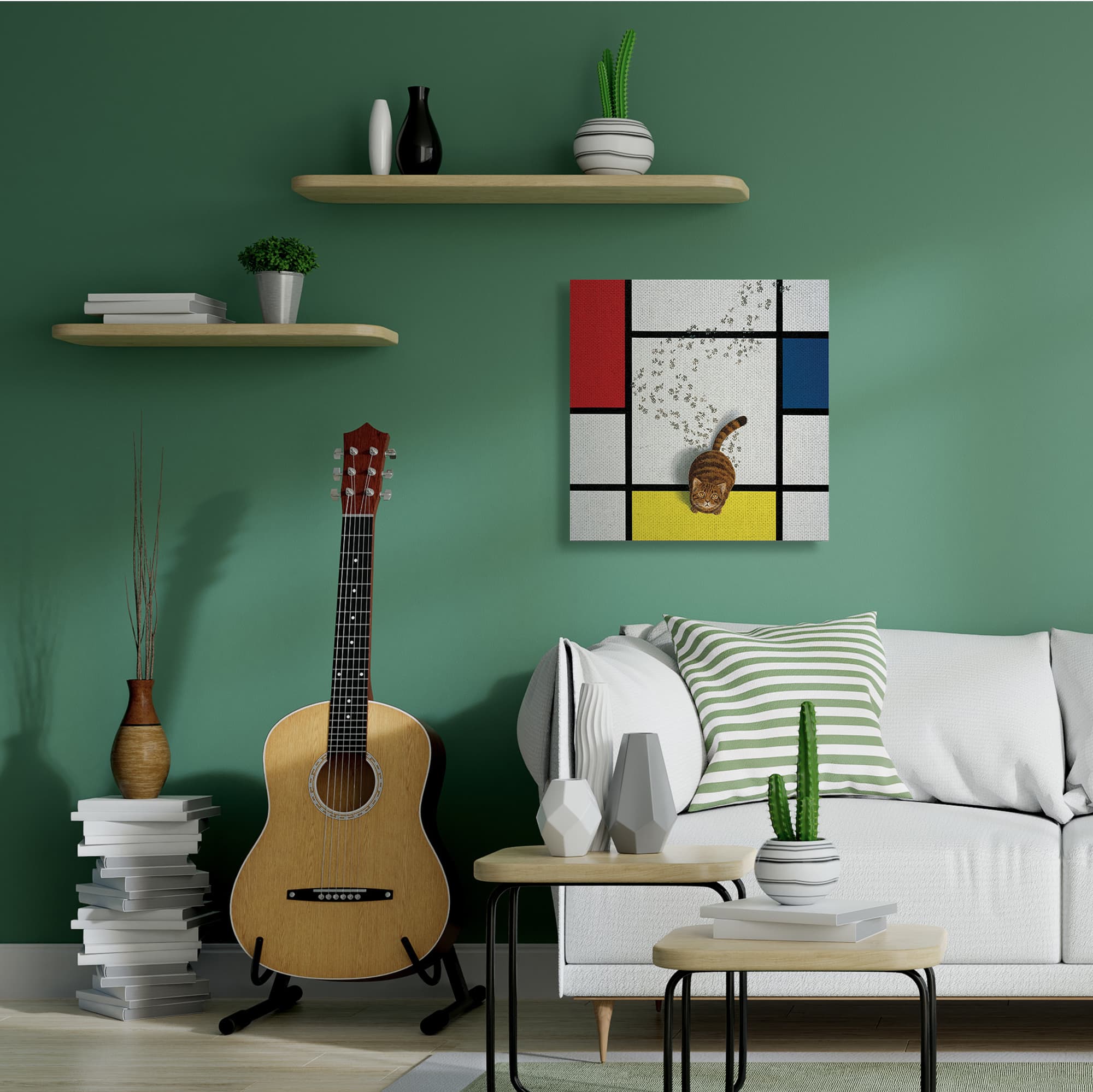 Stupell Industries Classical Mondrian Abstract Cat Painting Parody Canvas Wall Art