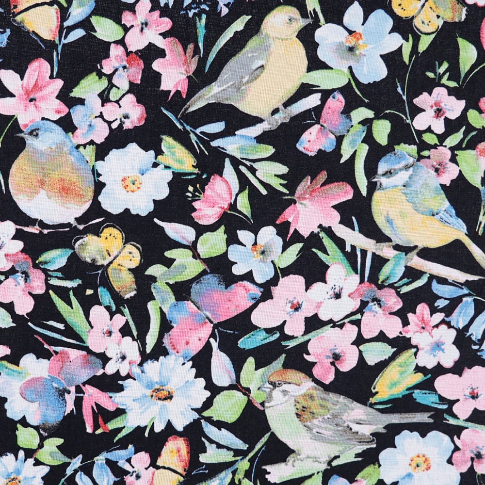 Black Spring Floral Birds Craft Cotton Fabric