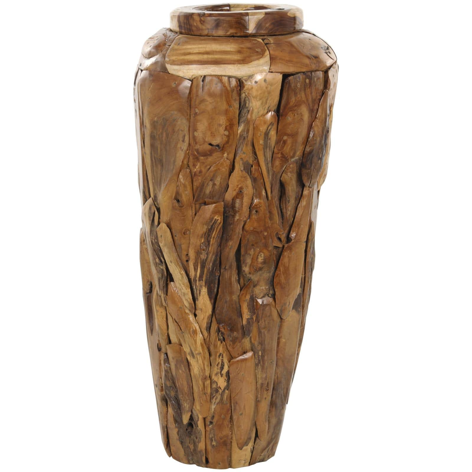 Brown Teak Wood Handmade Tall Floor Vase with Mosaic Live Edge