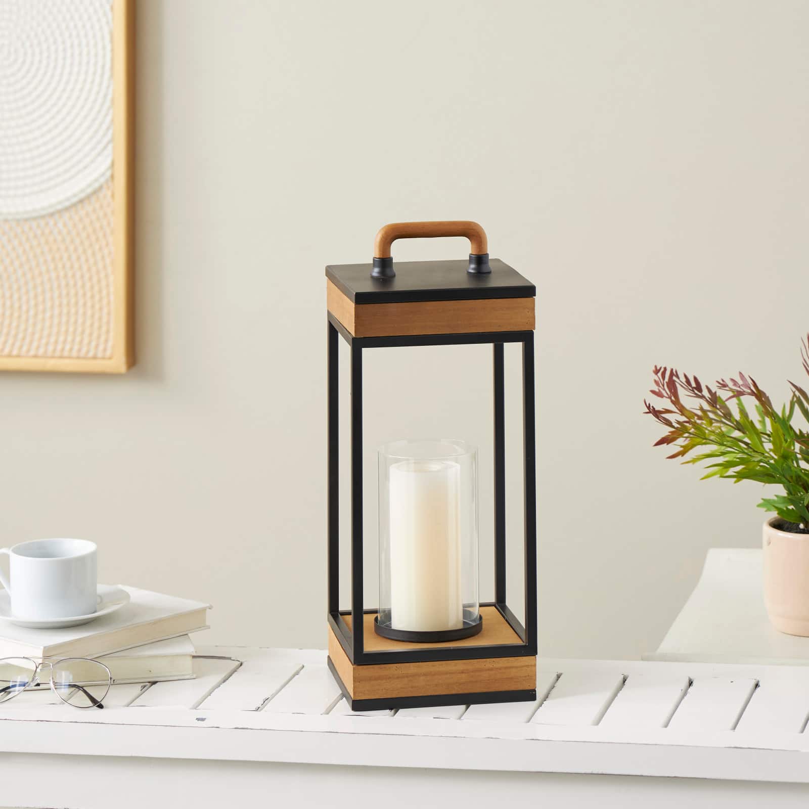 17" Brown Metal Open Frame Candle Lantern with Black Metal Accents