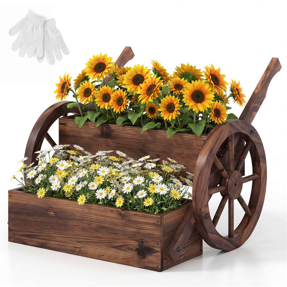 Costway 2-Tier Rustic Wood Wagon Planter with Wheels Handles & Drainage