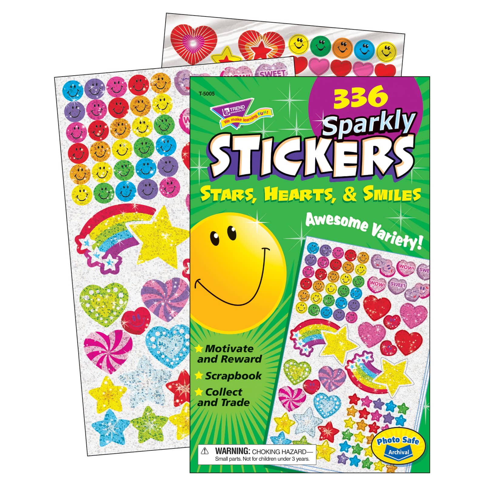 Trend Enterprises® Sparkly Stars, Hearts, & Smiles Sticker Pad, 6 Pads of 336