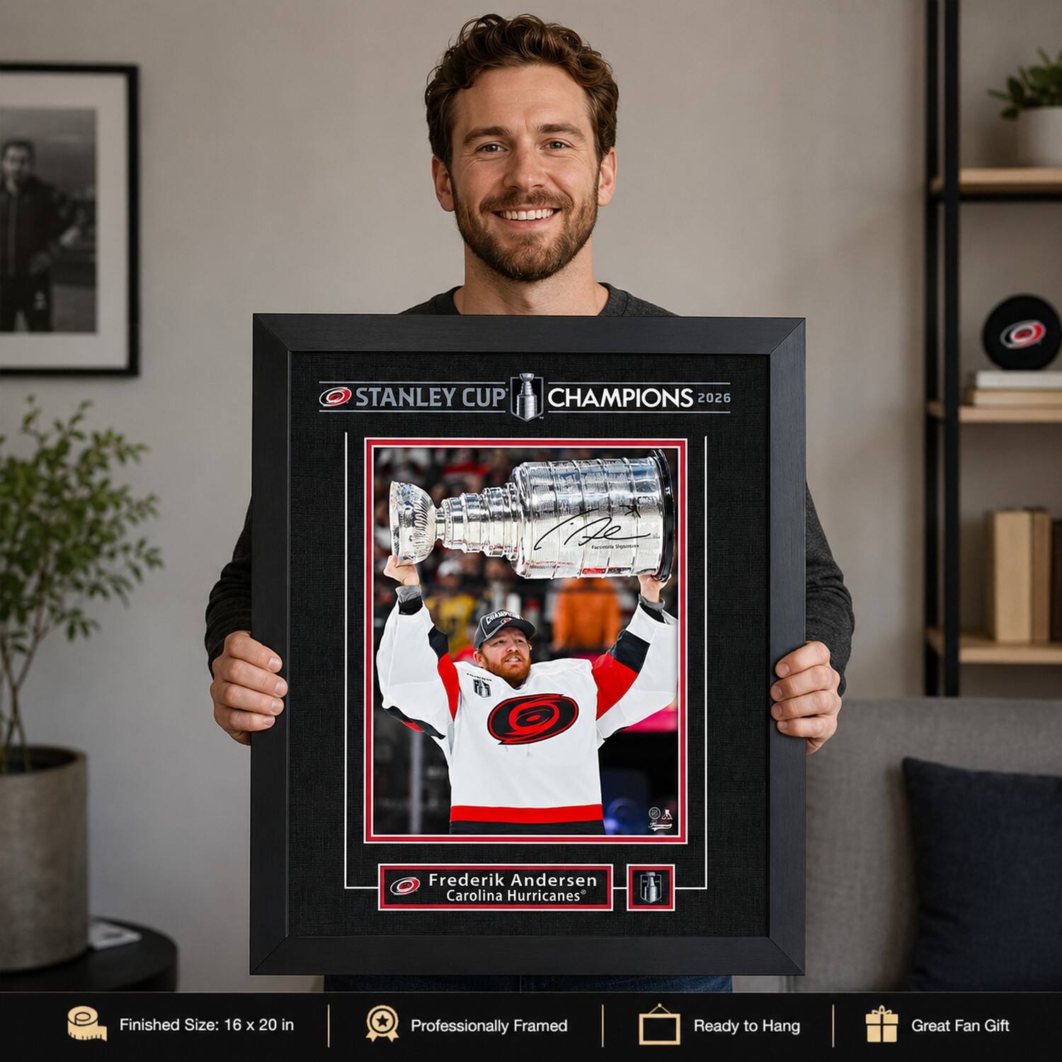 Frameworth 16" x 20" Licensed Frederik Andersen Hurricanes 2026 Champions Replica Signature Frame