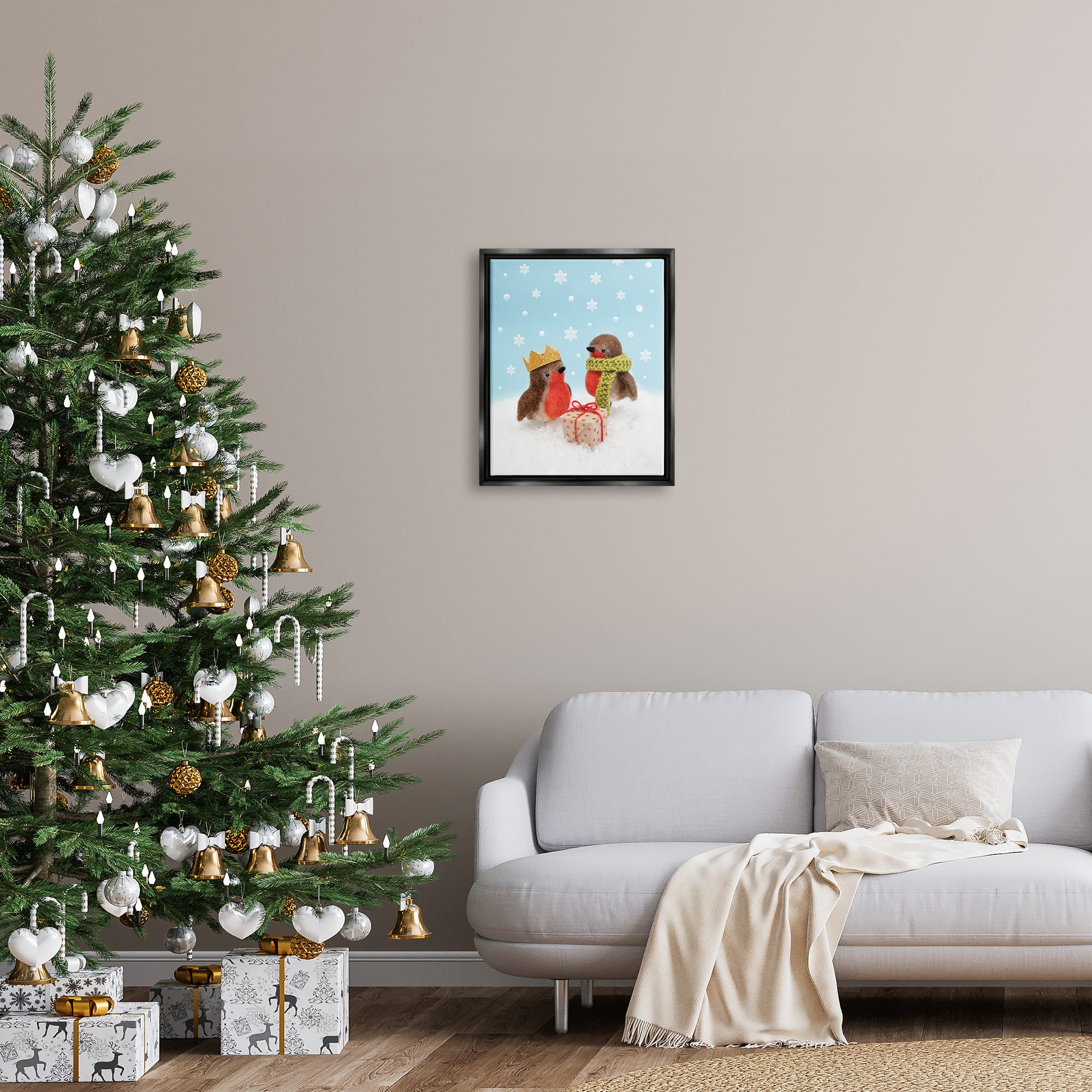 Stupell Industries Birds Gift Giving Christmas Snow Framed Floater Canvas Wall Art