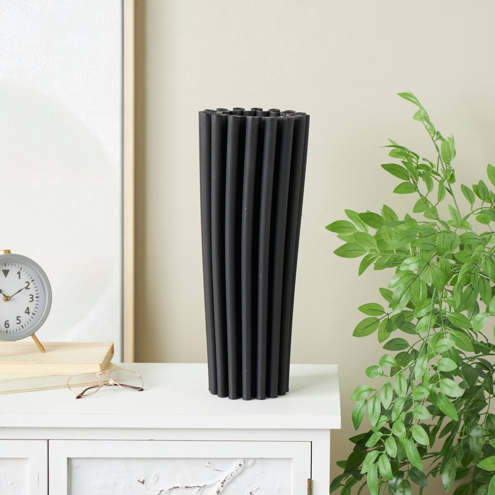 Black Abstract Dimensional Ribbed Ceramic Vase