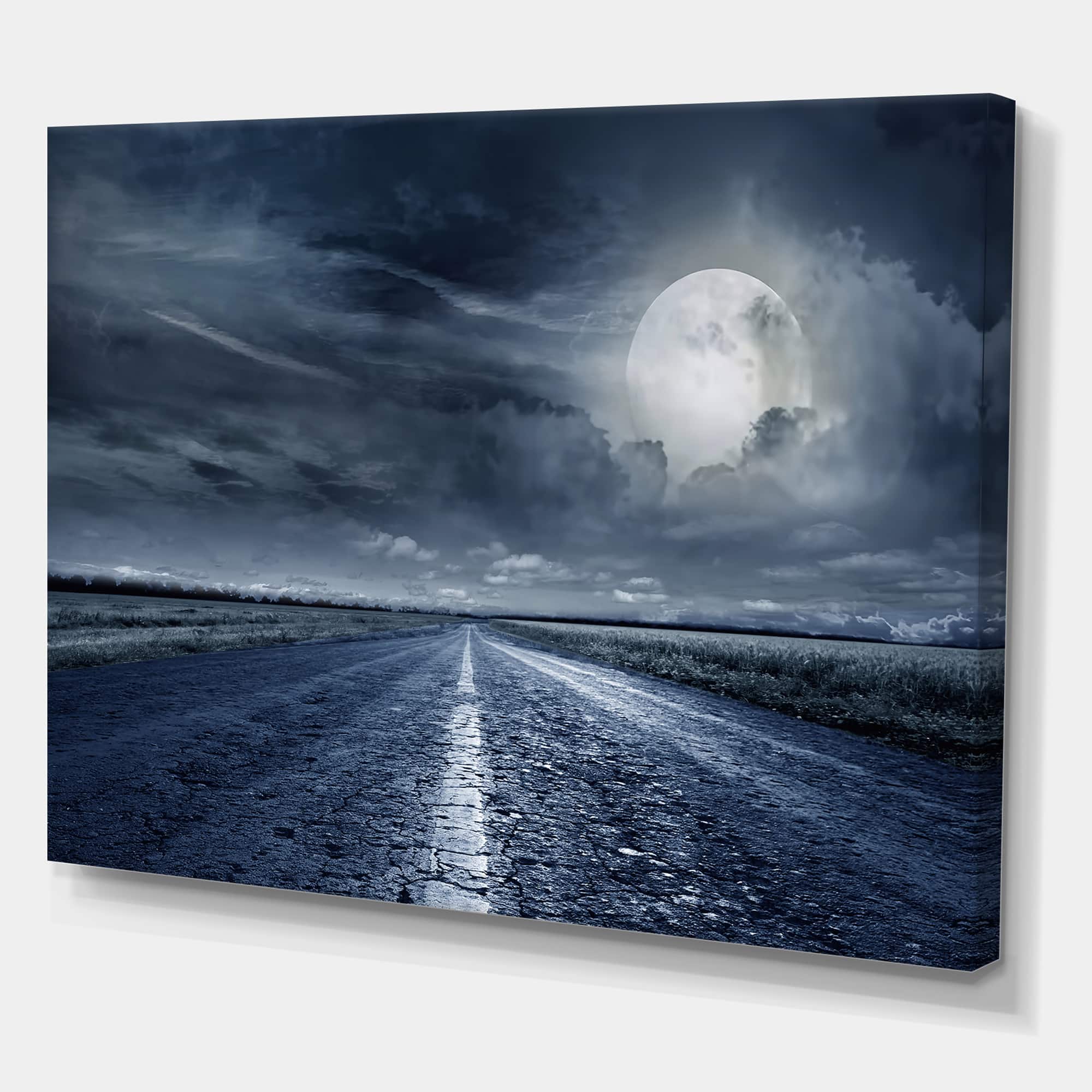 Designart - Asphalt Road Under Cloudy Full Moon II - Nautical & Coastal Canvas Wall Art Print