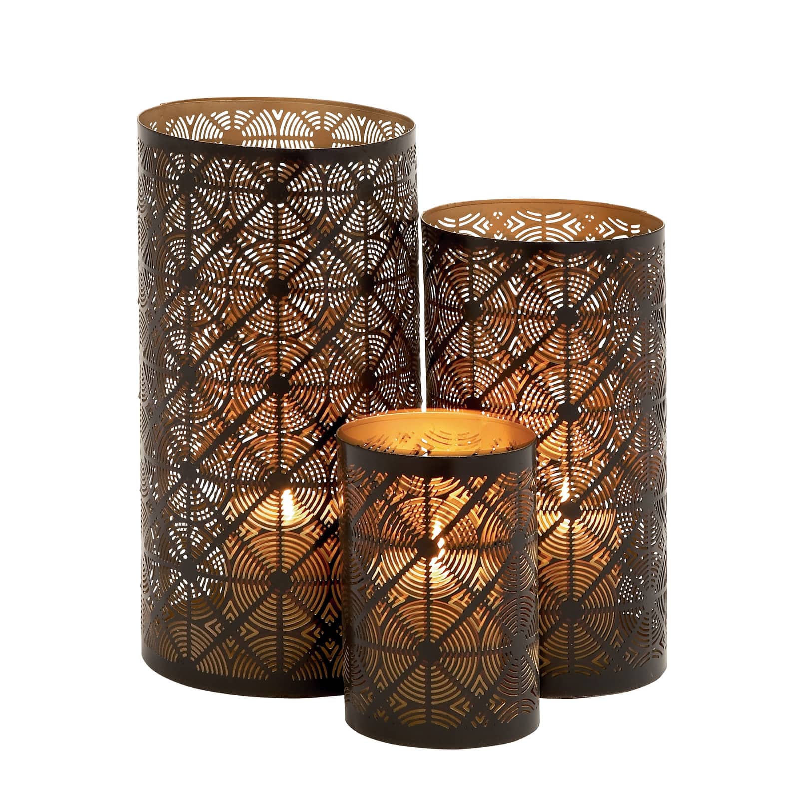 Set of 3" Brown Metal Eclectic Lantern, 12", 10", 6"