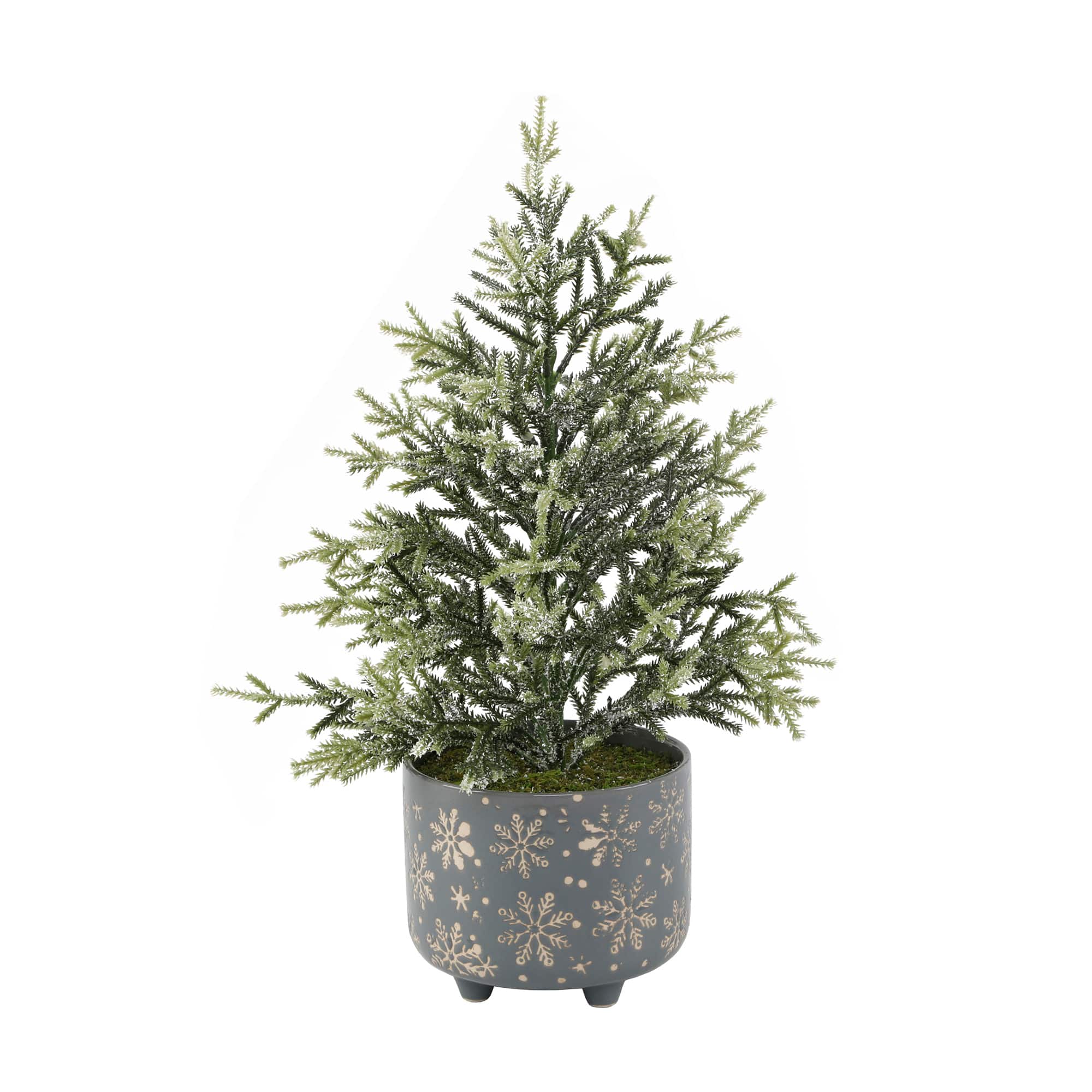 18.5" Unlit Frosted Artificial Christmas tree in Snowflake Ceramic Footed Pot By Flora Bunda | Michaels®