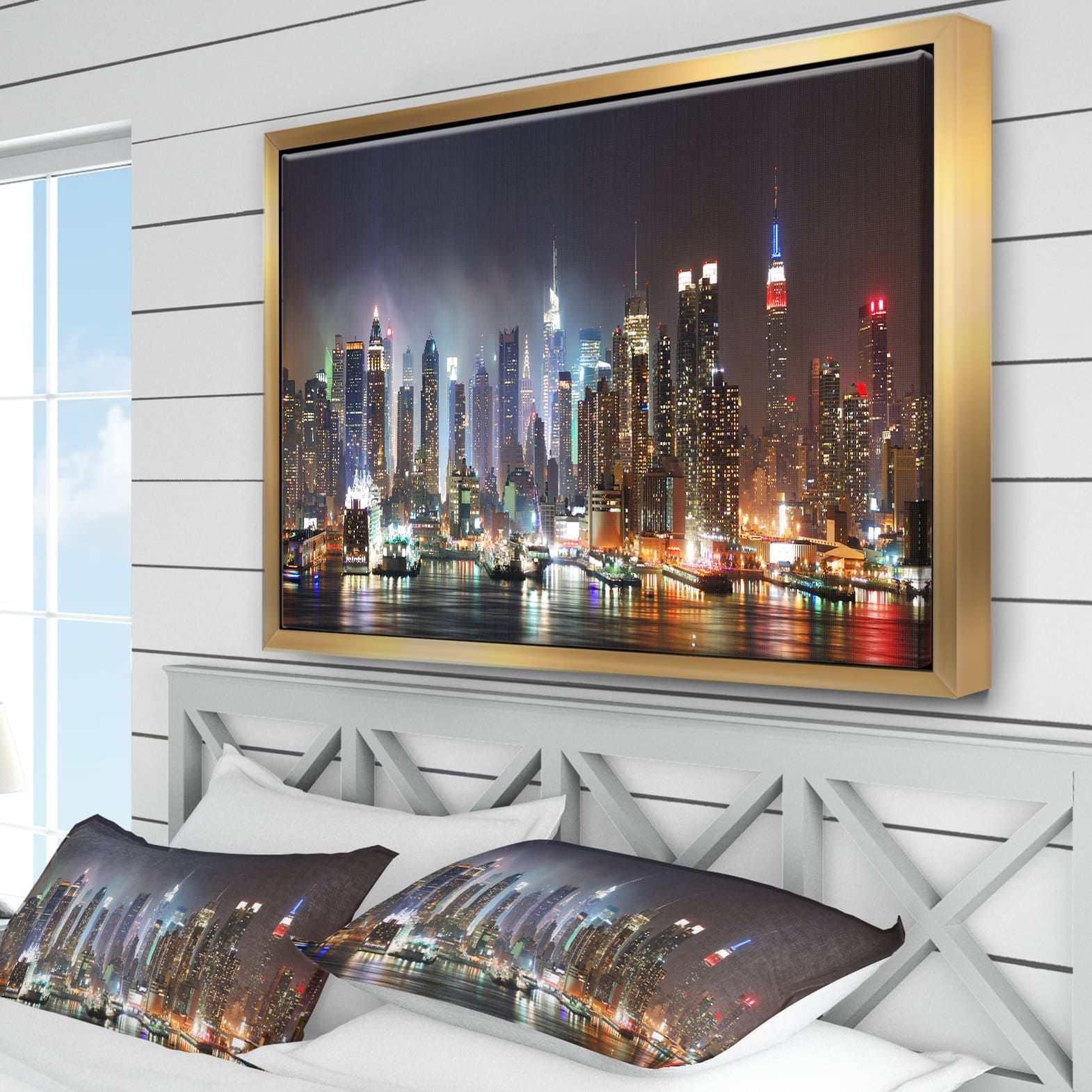 Designart - Lit NYC Manhattan Skyline - Cityscape Photo Framed Canvas Print