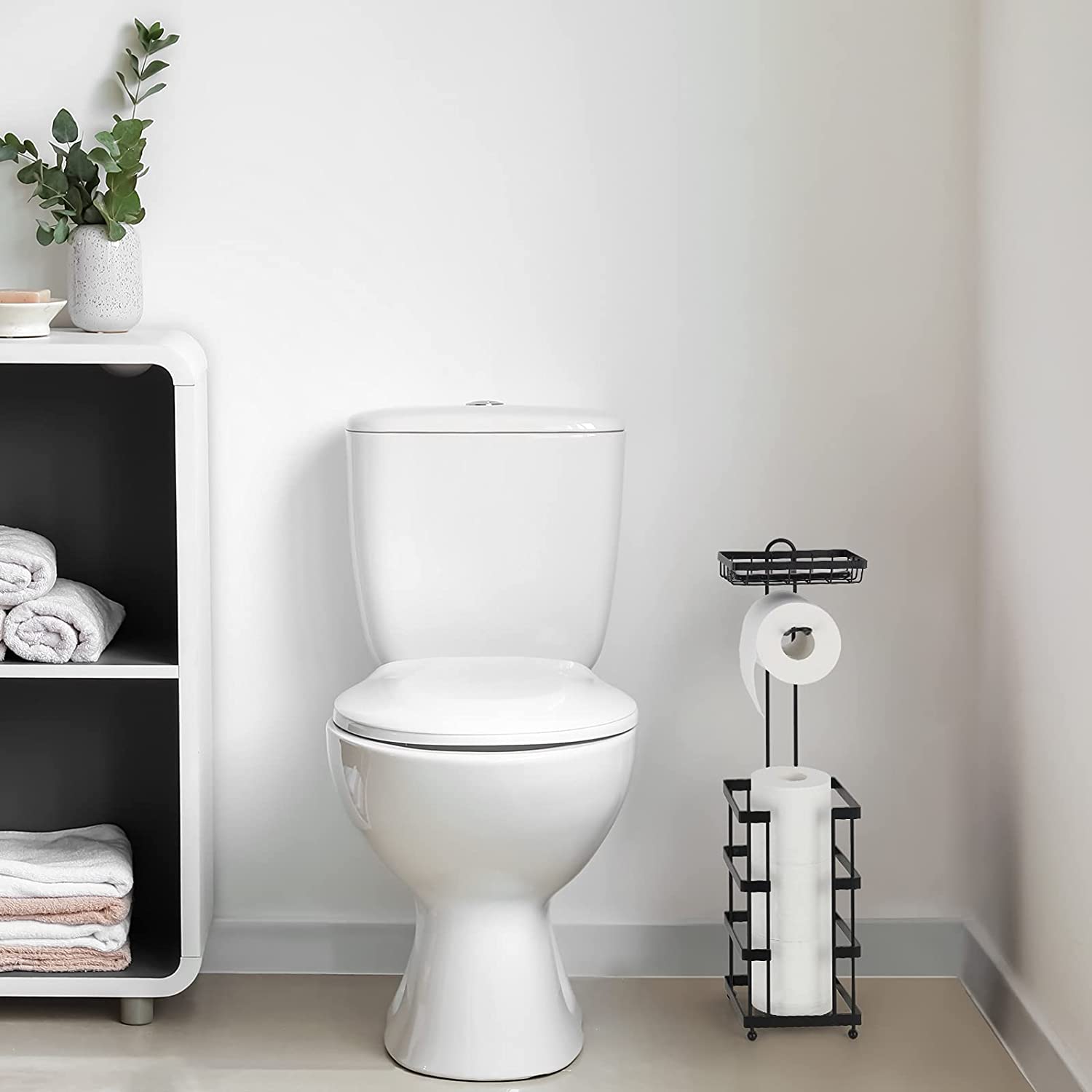 Black Freestanding Toilet Paper Holder with Basket