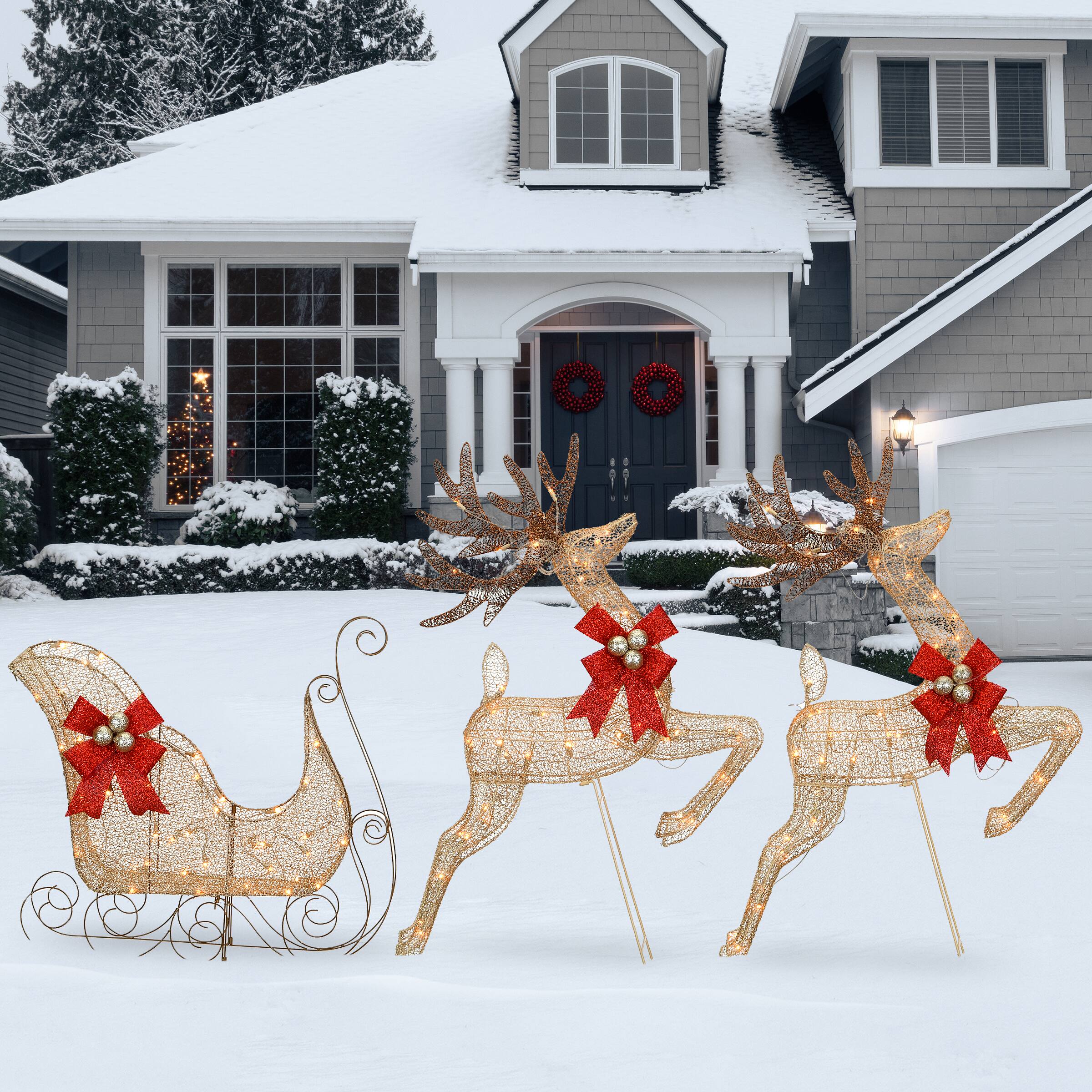 Champagne Reindeer and Sleigh with Clear Lights Decoration