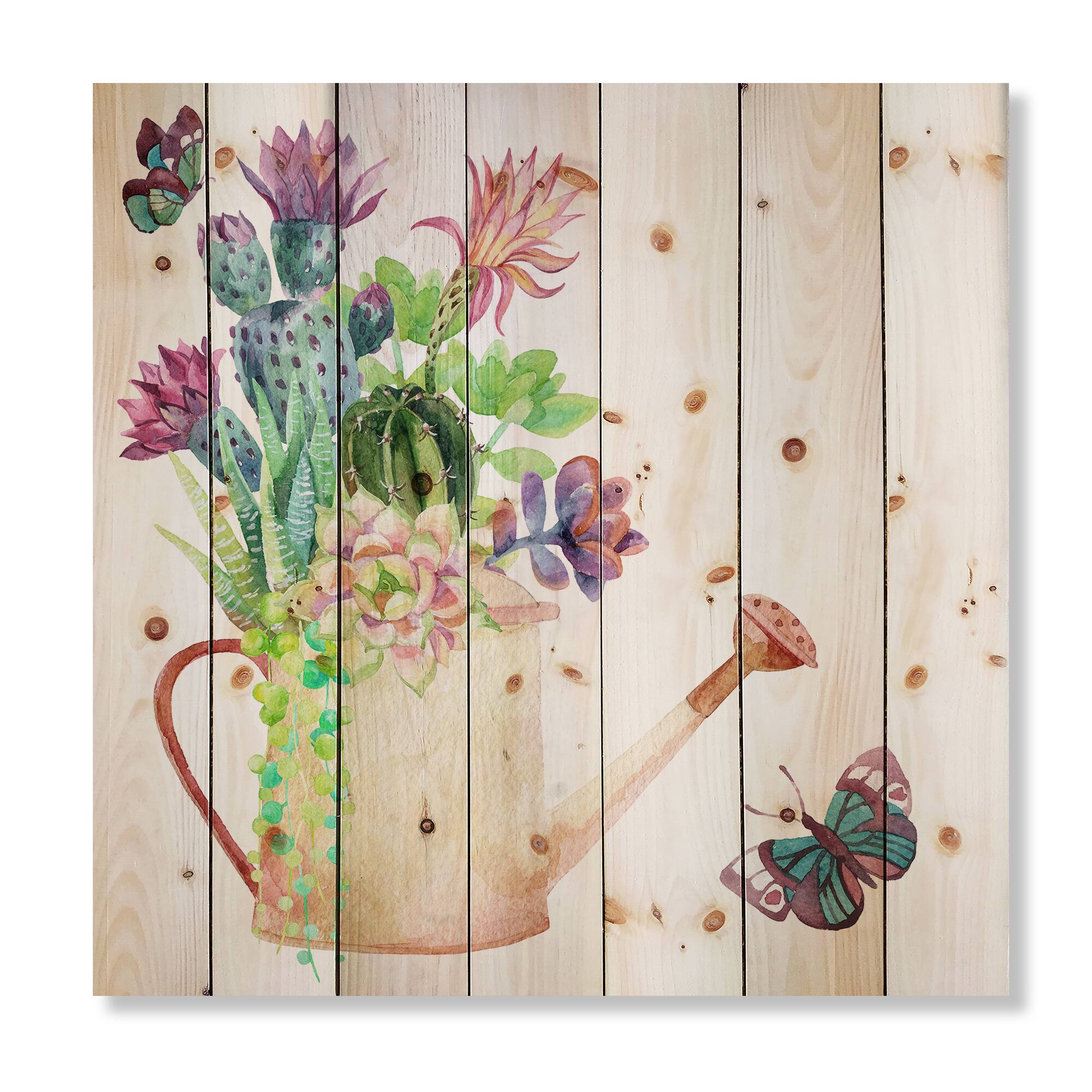 Designart - Succulents In Old Watering Can - Farmhouse Print on Natural Pine Wood
