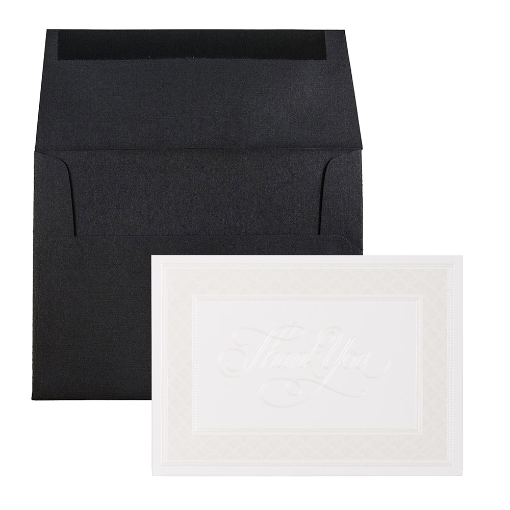 JAM Paper 4.88" x 3.38" Pearl Border Cards with Black Linen Envelopes Thank You Card Sets, 25ct.