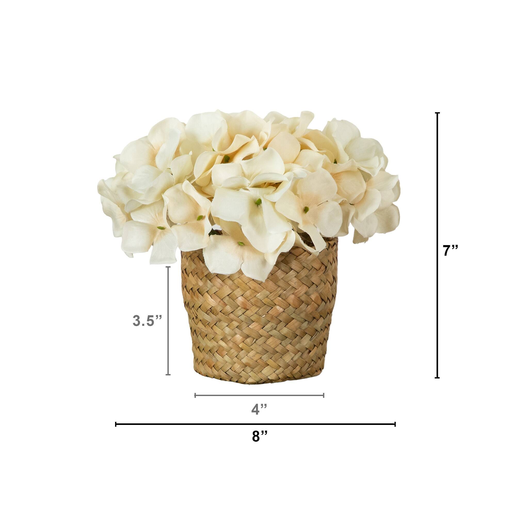 7" Artificial Cream Hydrangea Arrangement in Woven Basket